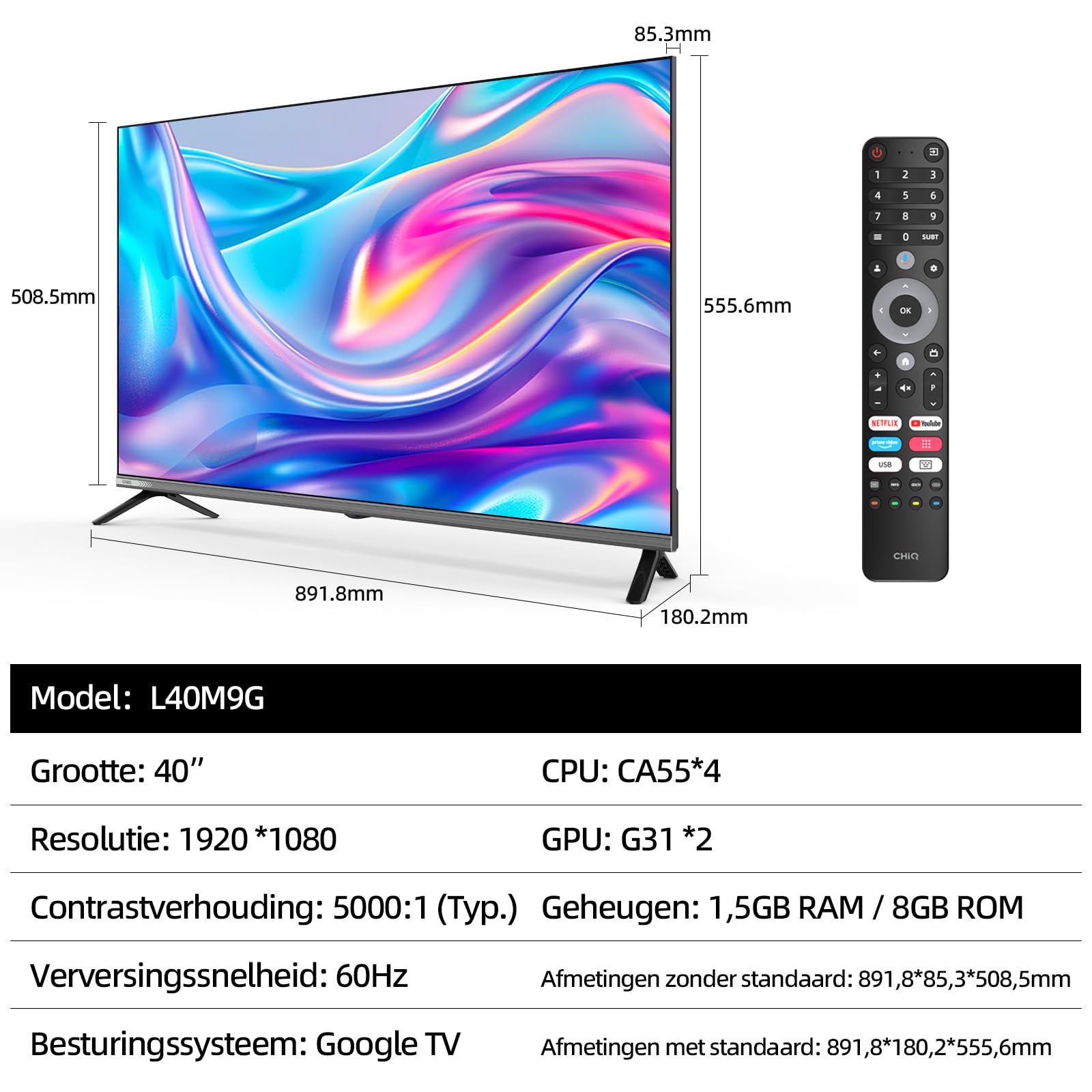 CHiQ L40M9G TV Smart da 40 pollici (100 cm), FHD, HDR10, Google TV, Google Assistant, Sintonizzatore Triplo DVB-C/T/T2/S/S2, Dolby Audio, Dbx-tv, Chromecast integrato, HDMI, Senza Cornice in Metallo