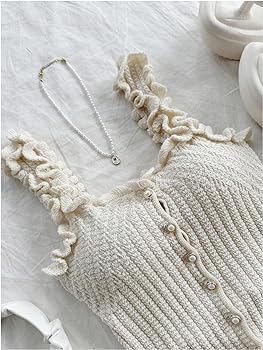 GORGLITTER Women's Pearl Knit Crop Tops Beaded Asymmetrical Button