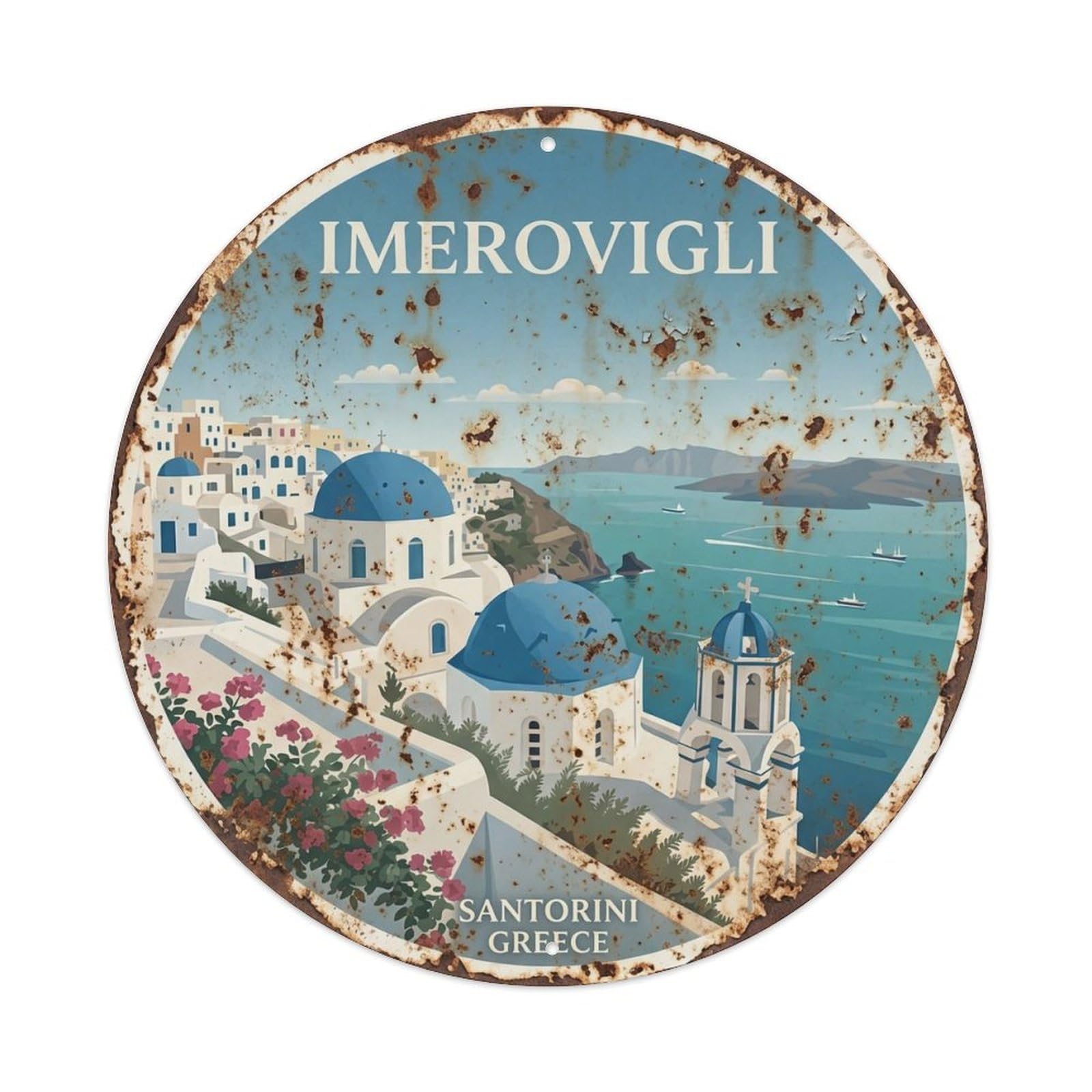 Vintage Travel Imerovigli Santorini Panorama Metal Tin Sign