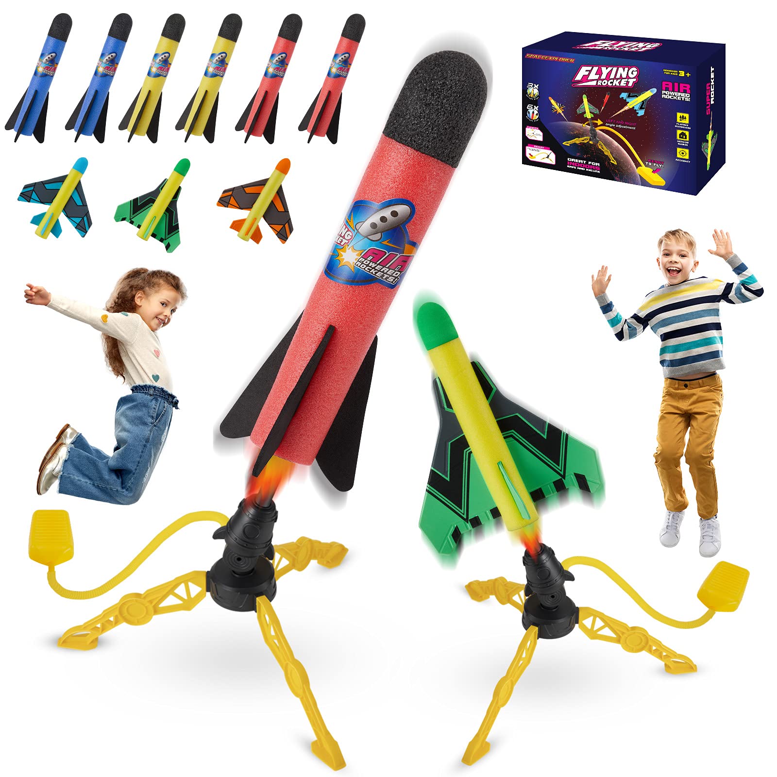 Rocket Toy Outdoor Rocket Launcher for Kids Rocket Outdoor Toy for Kids, Shoots Up to 100 Feet, 6 Colorful Rockets and 3 Planes with 2 Sturdy Launcher Toy Stand, Birthday Gift for Boys Girls Age 3-12