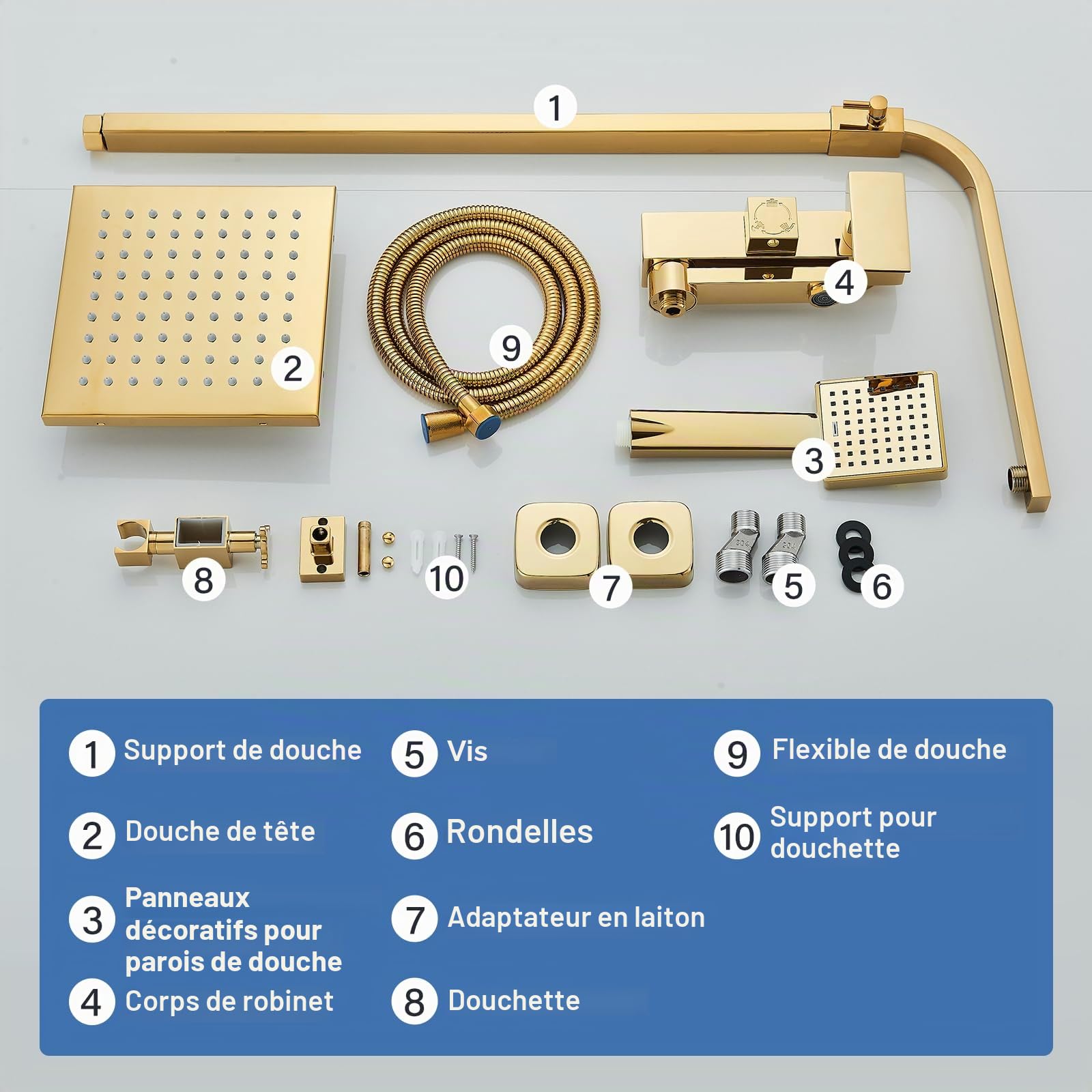 Ensemble de douche avec système de rangement à 3 fonctions - douche à effet pluie, douchette et mélangeur - doré