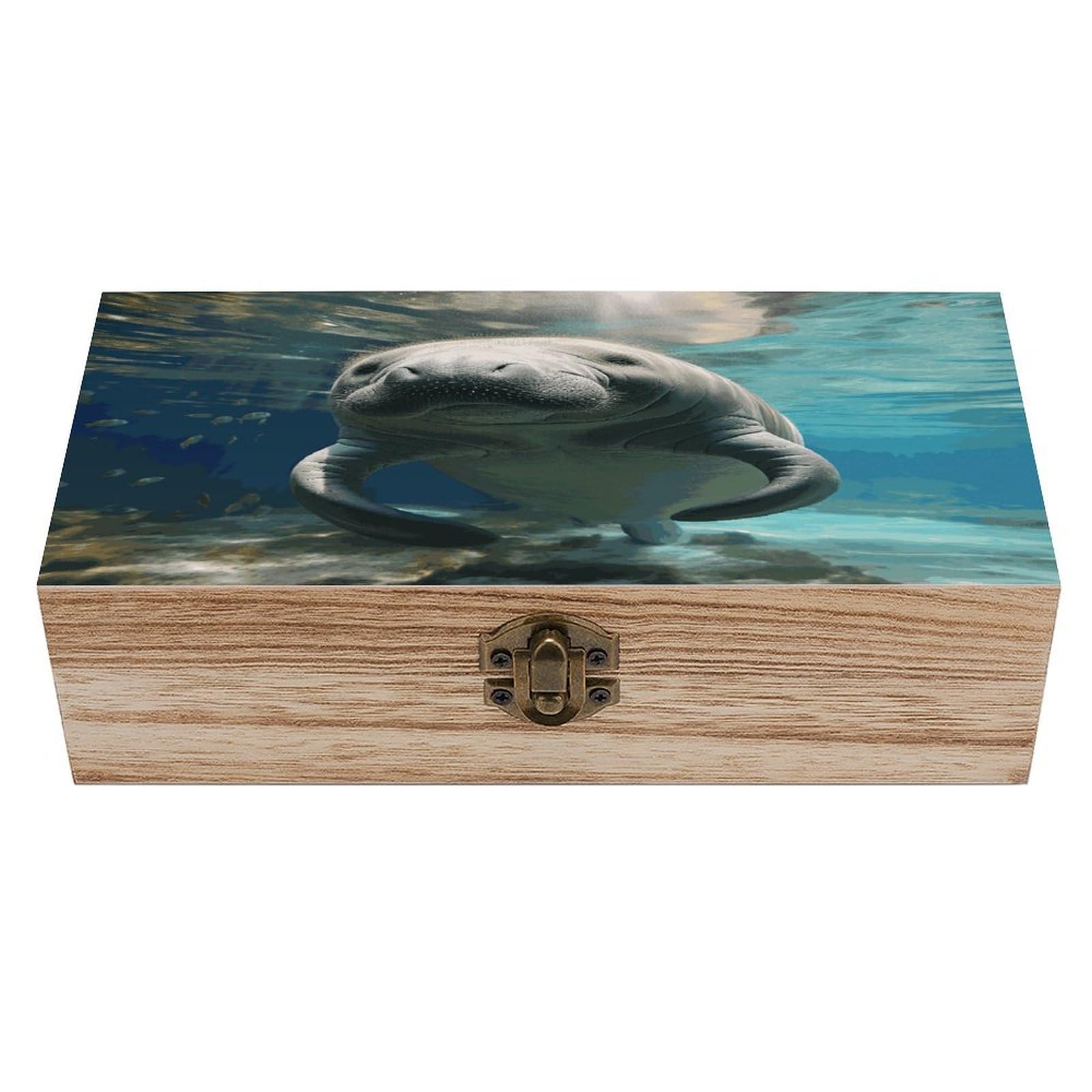JTREHY Cute Sea Animal Manatee Wooden Storage Box Exquisite Durable Wood Gift Case Sturdy Vintage Jewelry Wooden Chest for Art Hobbies Storage Keepsake Gift