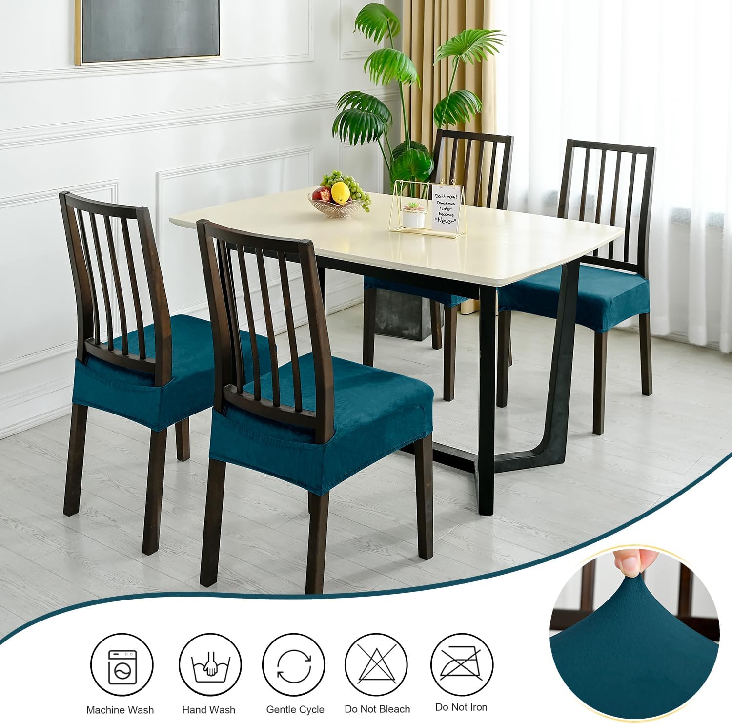 Dining Chair Seat Covers Set of 6, Stretch Velvet Chair Seat Slipcovers Protector, Removable Washable Kitchen Chair Covers for Dining Room Chairs (Set of 6, Teal)