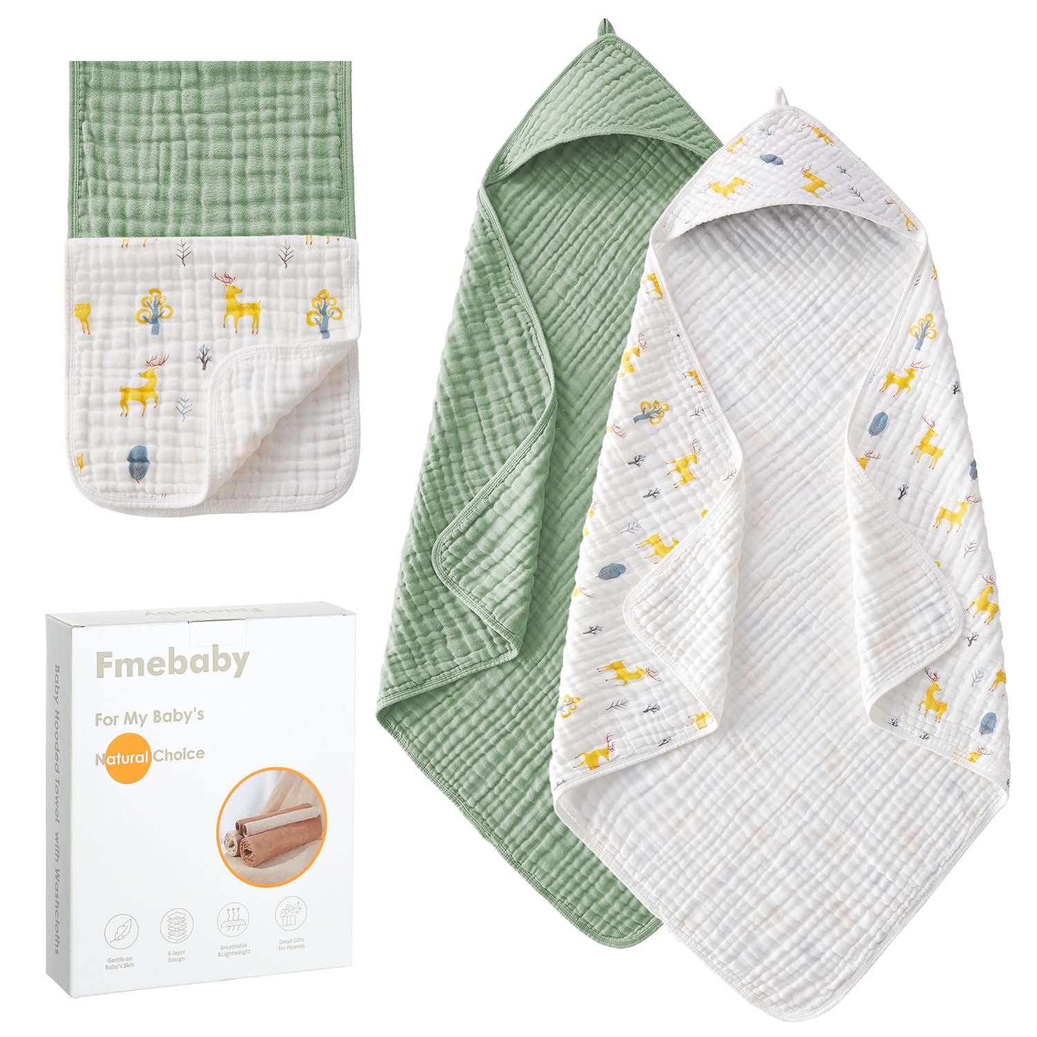 Hooded Baby Towels for Newborn, 2 Pack 36x36Inch Muslin Cotton Baby Bath Towel and 2 Pack 12x12Inch Washcloth Set with Hood for Babies, Toddler and