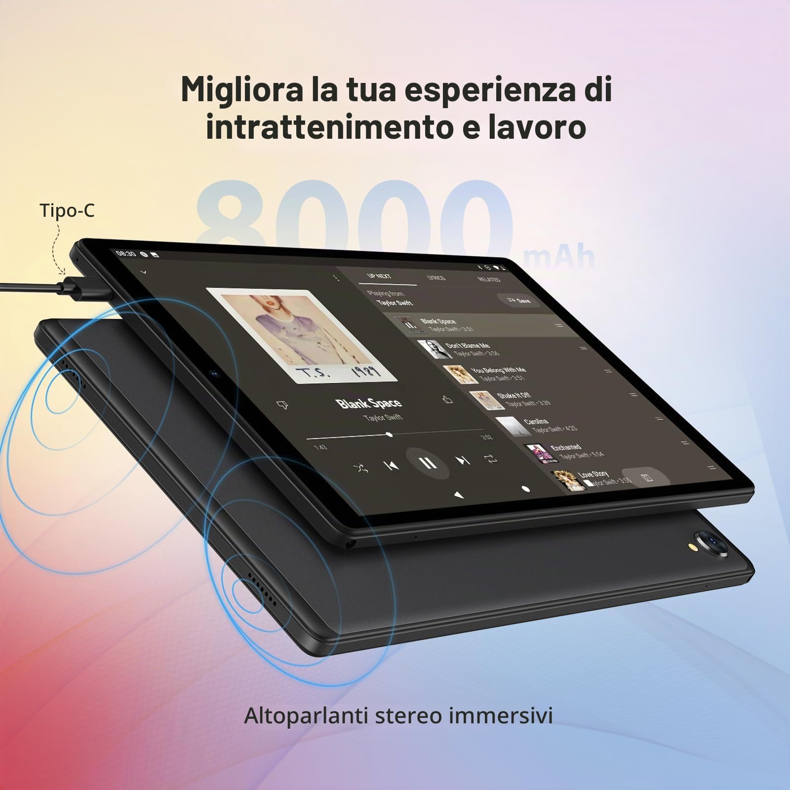 Tablet 10 Pollici Android 15 con 36GB RAM + 128GB ROM (1TB TF), 4G LTE+5G WiFi, Octa-Core 2.0 GHz, 8000mAh, Bluetooth 5.0, GPS, 8MP + 13MP, Tablet con Tastiera, Nero