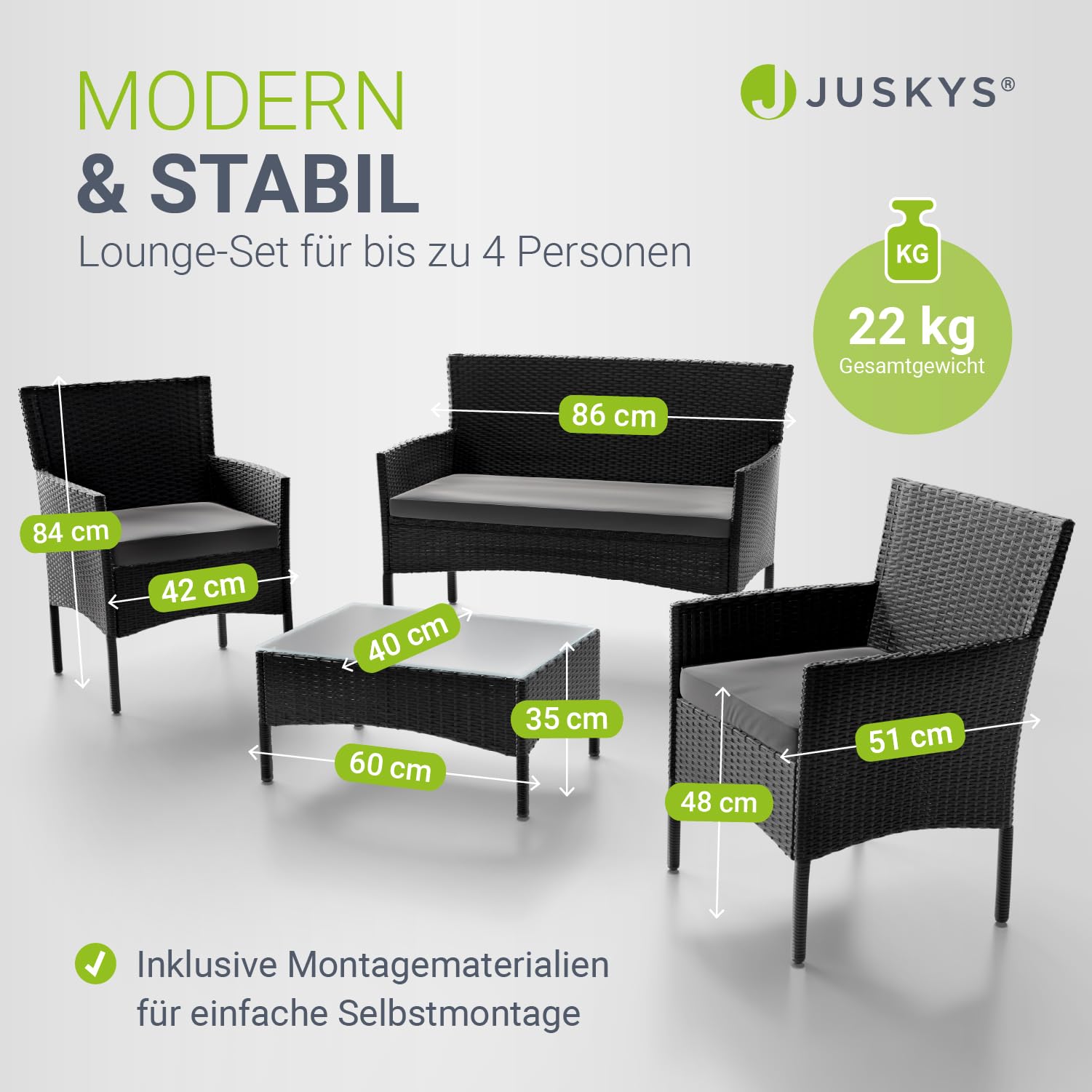 Juskys Polyrattan Sitzgruppe Fort Myers 4 Personen mit 2er Sofa, 2 Stühle, Tisch & Sitzkissen wetterfest schwarz/grau Balkonmöbel Gartenmöbel Set
