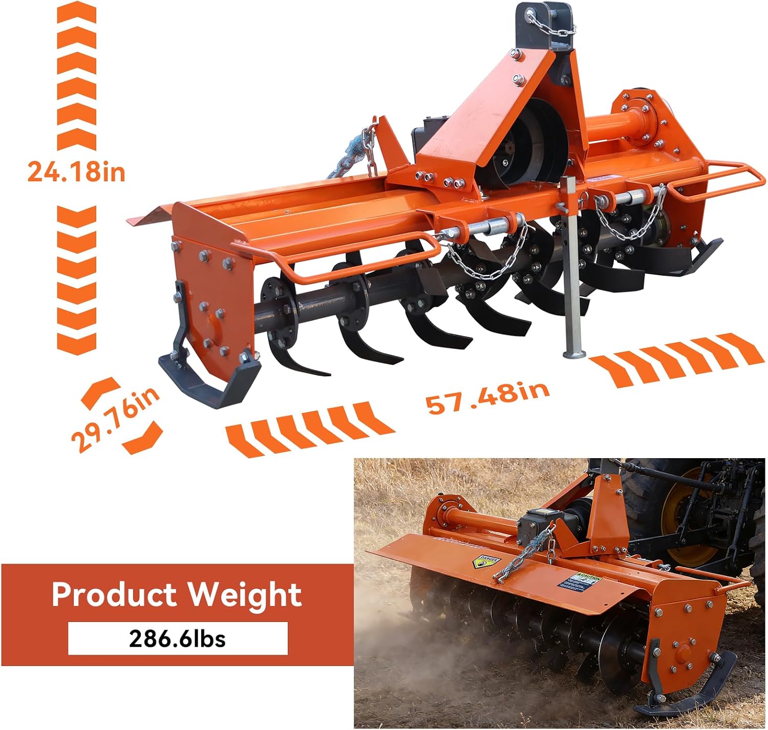 49" 3 Point Rotary Tiller Attachment for Cat 1 Tractors, 540 RPM PTO Driven Cultivator, Replaceable L-Shaped Tines, 5" Tilling Depth, Orange Carbon Steel