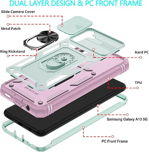 Vista 27 de Funda para Galaxy A04S y A13 5G con 3 protectores de pantalla de vidrio templado, soporte de anillo y cubierta de cámara, policarbonato duro y Vino