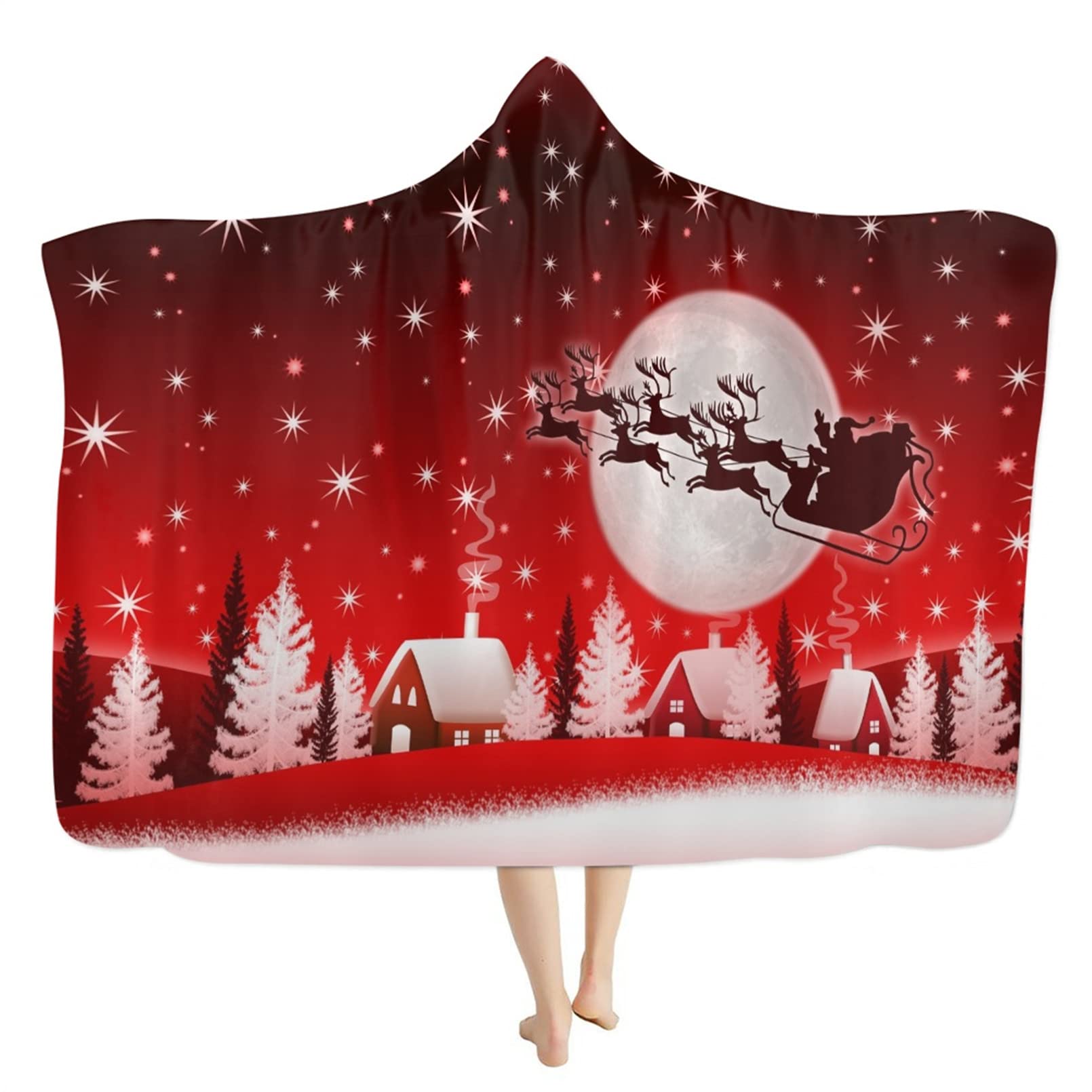 Renewold Manta con capucha con estampado de renos de Papá Noel para llevar manta de felpa para hombres y mujeres y niños, manta de invierno para cama sofá
