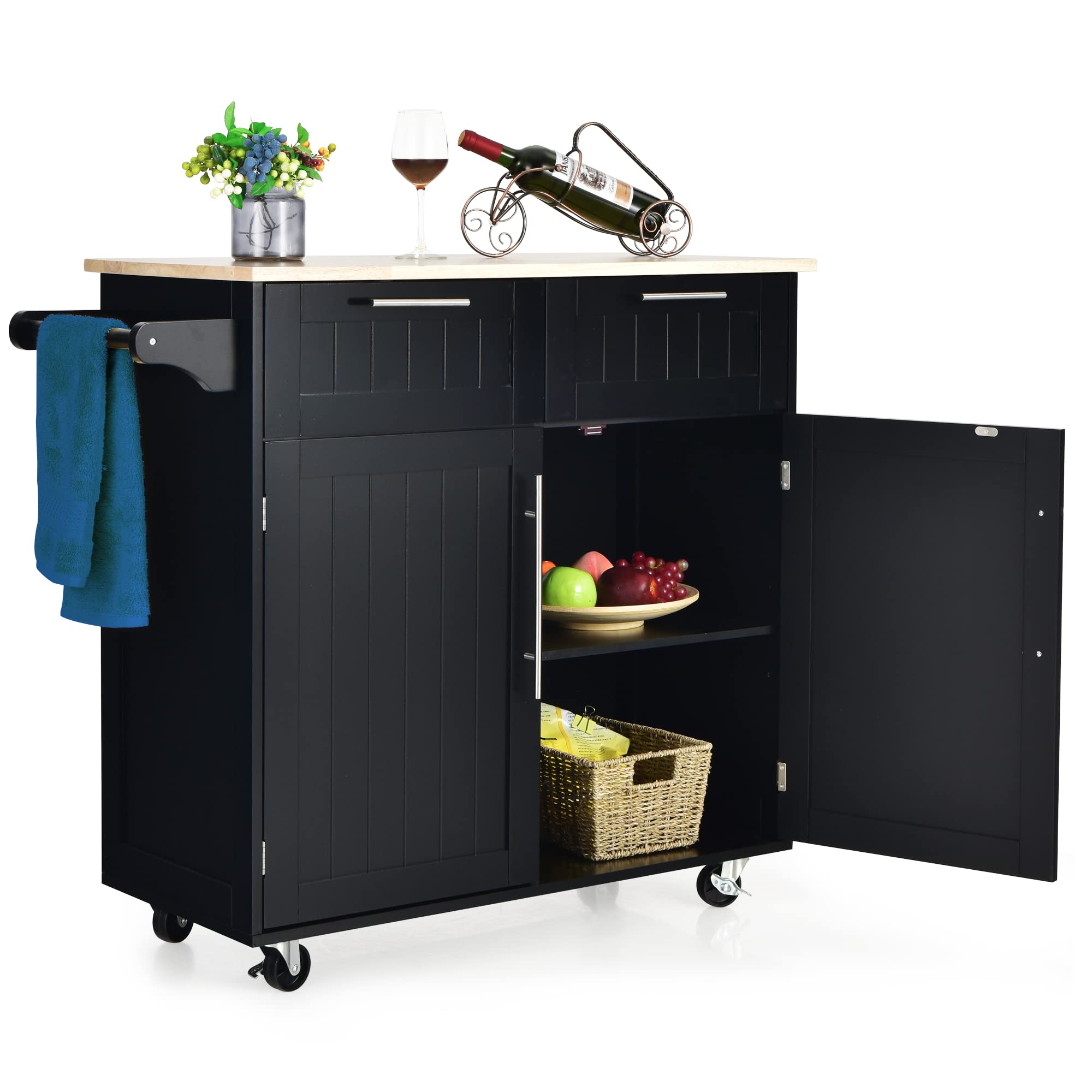 LOKO Kitchen Island with Storage, Portable Kitchen Cart with Rubber Wood Countertop, Universal Casters and Adjustable Shelves, Rolling Kitchen Island