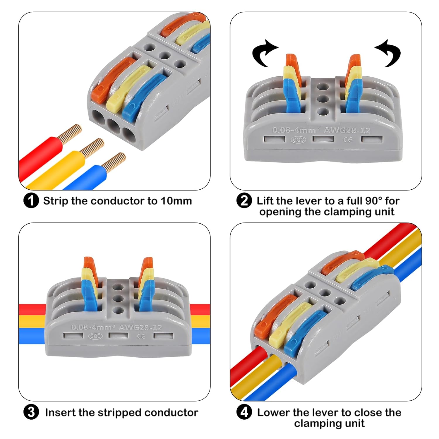 20PCS Wire Connectors, Compact Lever Wire Nuts Connectors Wire Terminals 3 Into 3 Out Splicing Wire Connector, Color Valve in-Line Connector for Quick Connect 28-12 AWG SPL-3