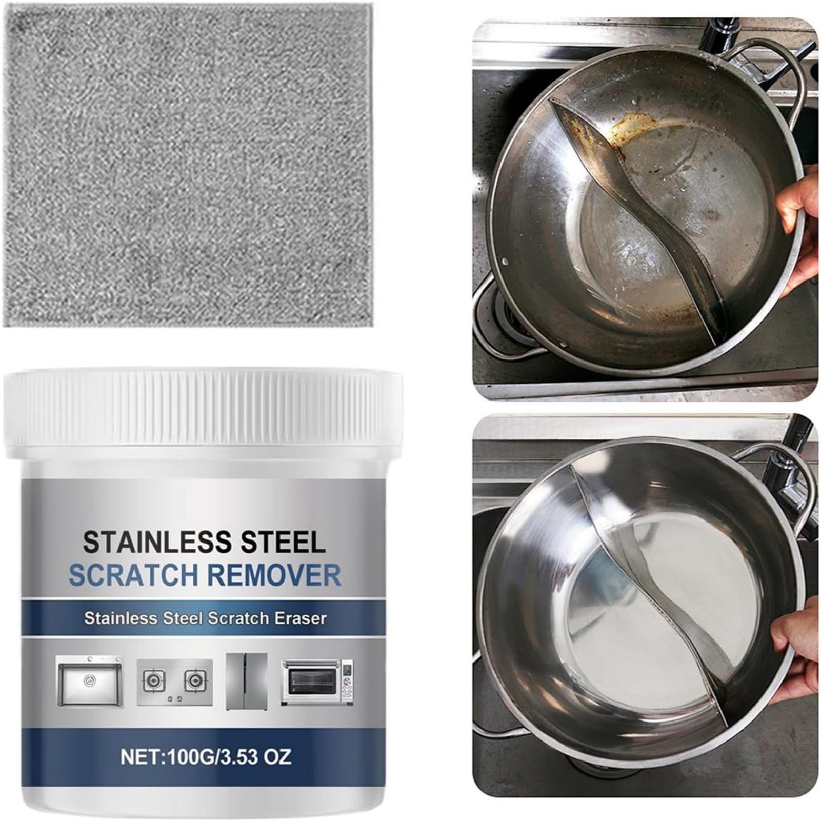 Kit per la Rimozione dei Graffi dall'Acciaio Inox, Pasta Multiuso per Eliminare Graffi su Acciaio Inox in Cucina, Soluzione di Pulizia Durevole per Superfici in Acciaio Inox (2pcs)