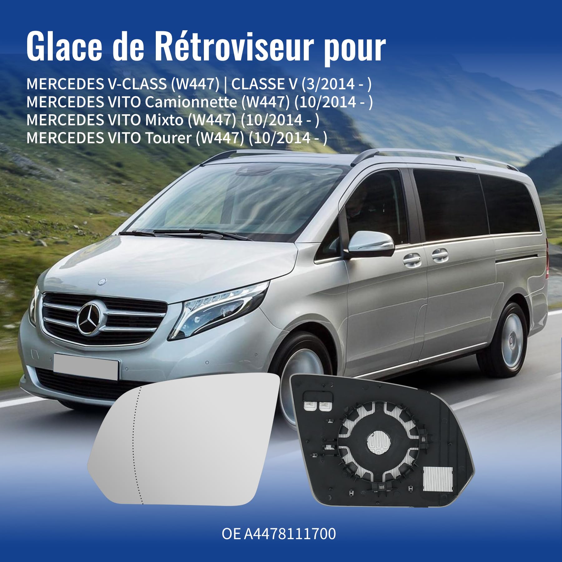 Glace Rétroviseur Gauche pour Mercedes Vito Classe V W447 2014-2020