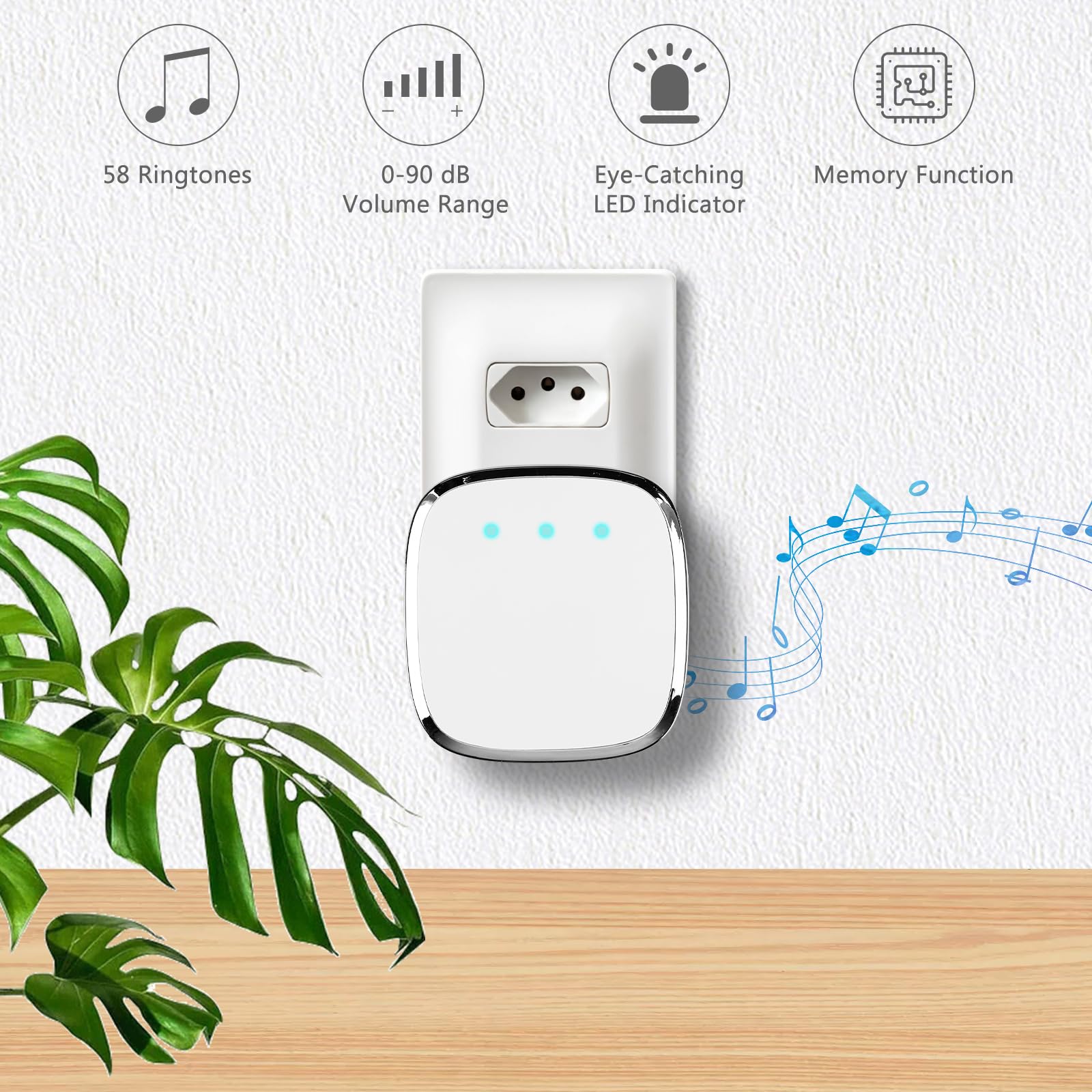 Timbre Inalámbrico Exterior Impermeable Casa: Timbre Inalámbrico Interior, Timbre Puerta, 1 Transmisor y 2 Receptores, Doorbell con Indicador LED, 58 Melodías, 5 Volumen, Alcance a 300m, Blanco