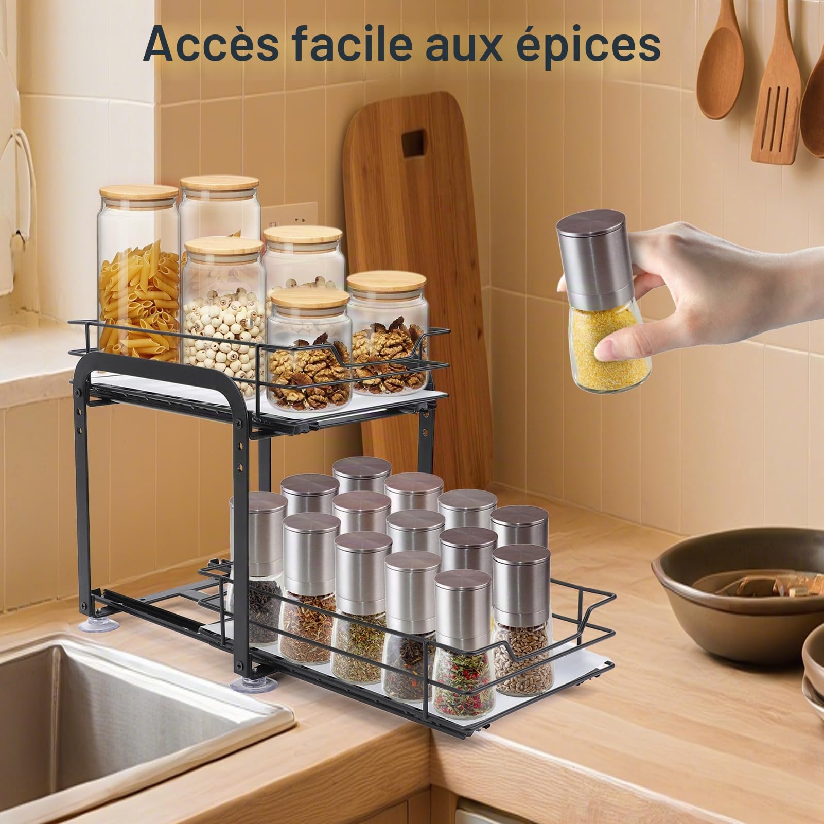 Wakects Étagère à épices extensible à 2 niveaux, en fer, haut et en bas, peut être retirée indépendamment, hauteur réglable pour la plupart des armoires de cuisine (L)