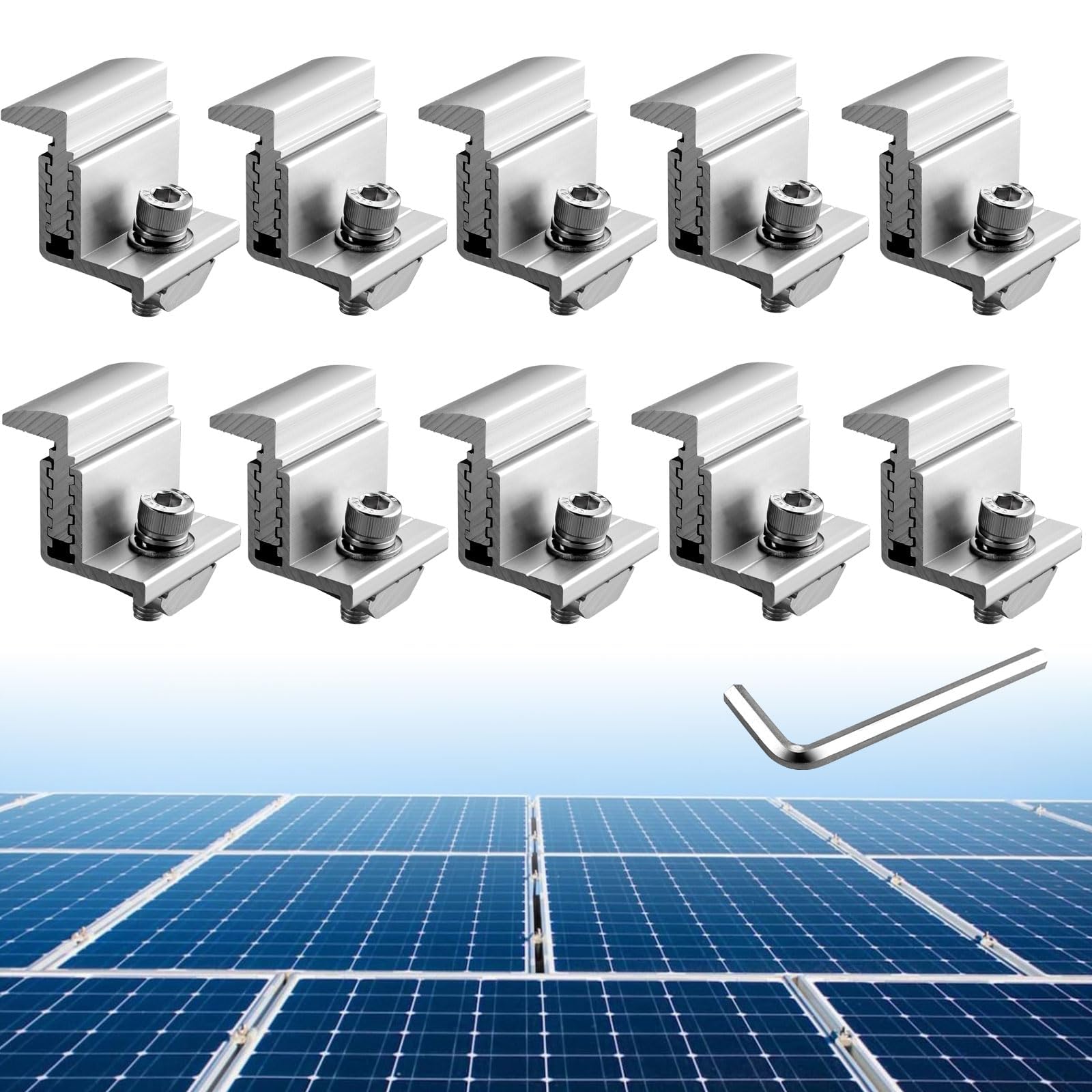 Anbte 10PCS Solar Panel End Clamp 30-50mm Adjustable, Z Brackets for Solar Panels Include 10 Screws M8, Aluminum Rail End Clamps for Solar Panel PV Mounting System, Silver
