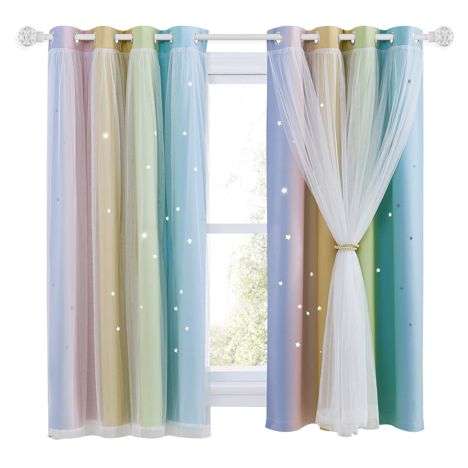NICETOWN Rainbow Curtains for Kids - Star Cut Out Double Layer Blackout Curtains with Voile Thermal Privacy Protection for Nursery Bedroom Living Room, 2 Panels, W52xL63 Inch (132×160 cm),RainbowGlobal Recycled StandardGlobal Recycled StandardOEKO-TEX STANDARD 100Global Recycled Standard