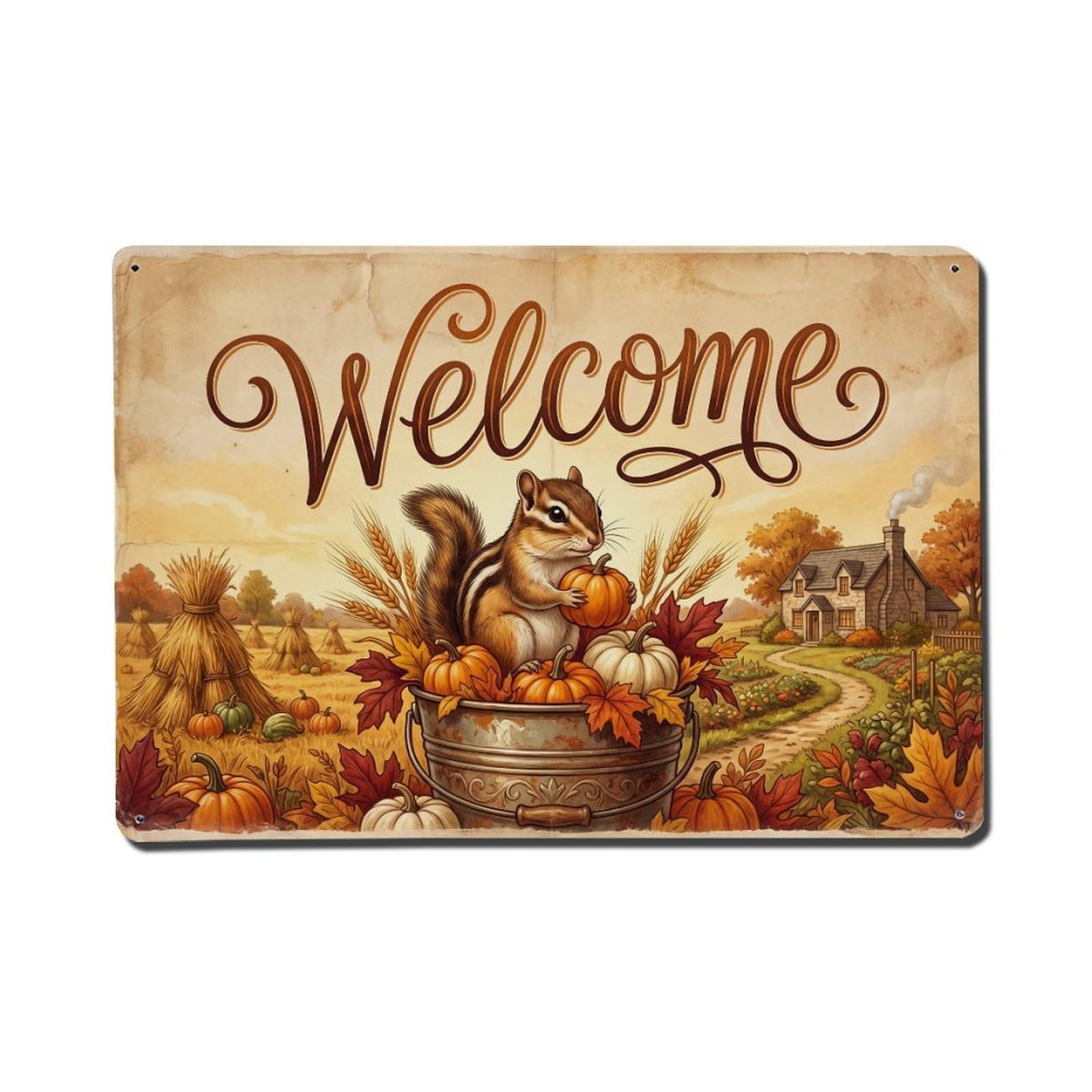 Vintage Welcome Chipmunk Peaceful Place Metal Tin Sign