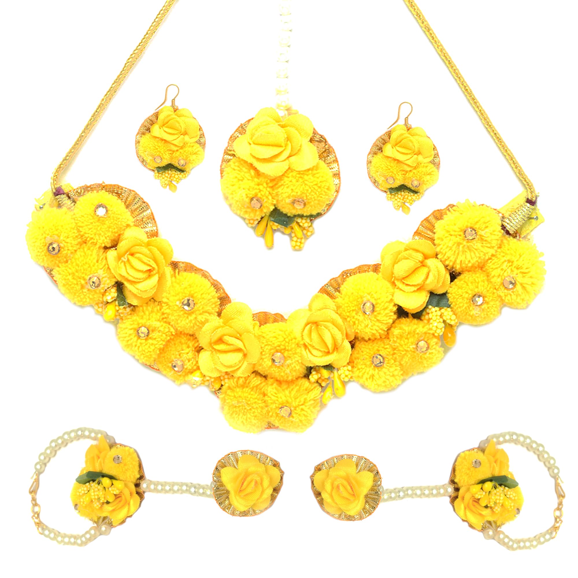 ZENEME White Pearl Beaded Gota Patti Floral Haldi & Mehendi Necklace With Earrings, Maang Tika & Haathphool Jewellery Set For Girls and Women (Yellow & Green) (B0C1VWDGXT) Amazon Price History, Amazon Price Tracker