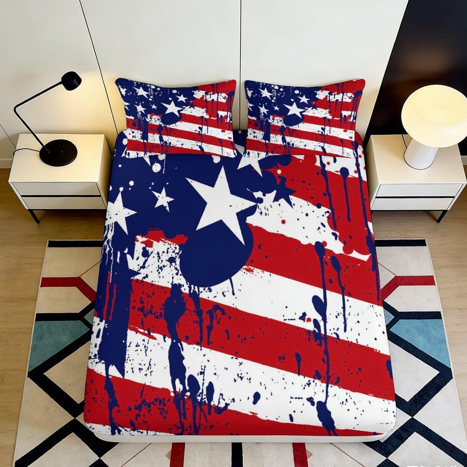 3D Printed American Flag Fitted Sheet Microfiber Bedroom Decor Splatter Stars Mattress Cover for Home Dorm 90x200x25cm
