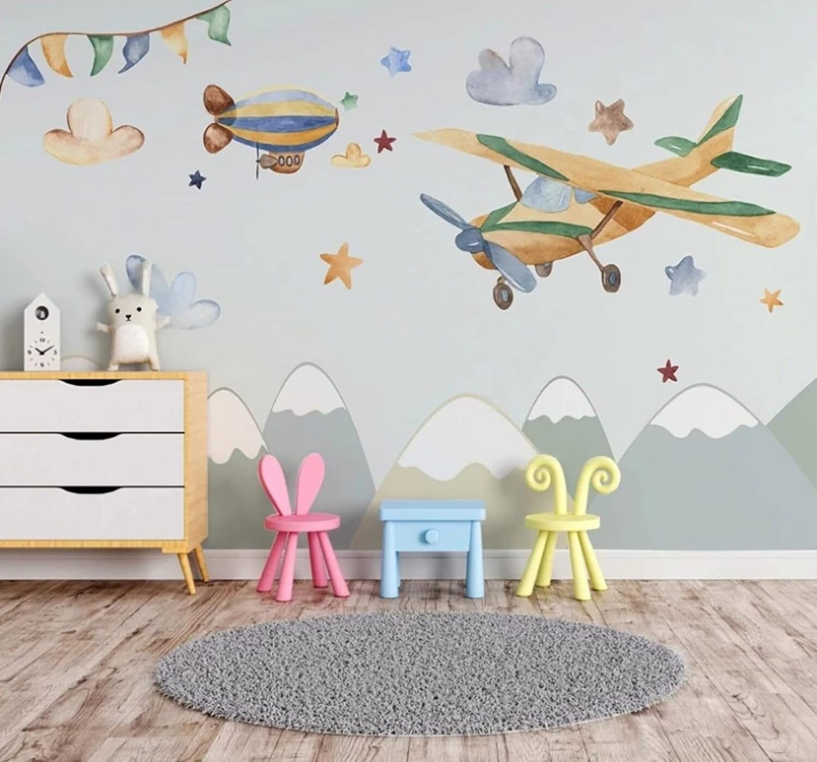 XLMING Cartoon Mountains Aeroplane Hot Air Balloon Starry Sky 3D Wallpaper Luxury Silk Study Dining Feature Sofa Grey Bedroom Living Room Tv Decorative Wall-200cm×140cm