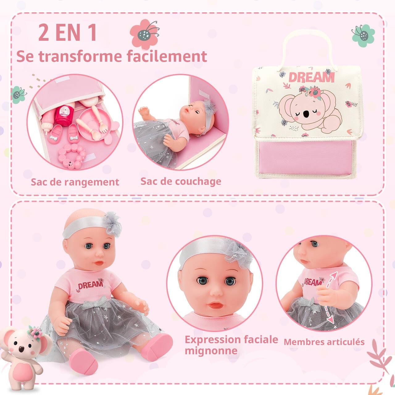 deAO Kit 5 en 1 Accessoire Poupée Pliable Et Transportable avec Poupée 37cm