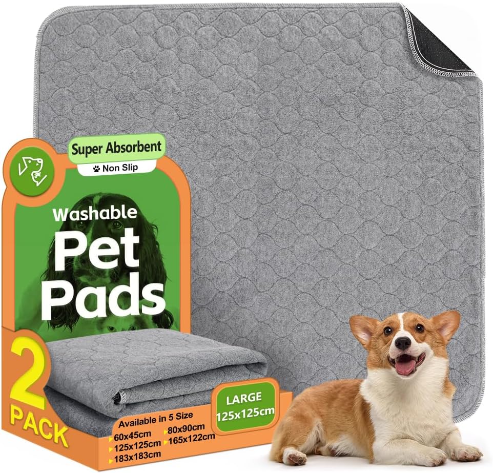 2 Pack Washable Dog Pee Pads - Instantly Absorbent and Reusable for Puppy Training - Waterproof Pet Mat for Dogs, Rabbits, Bunnies, and Small Animals - 125x125cm