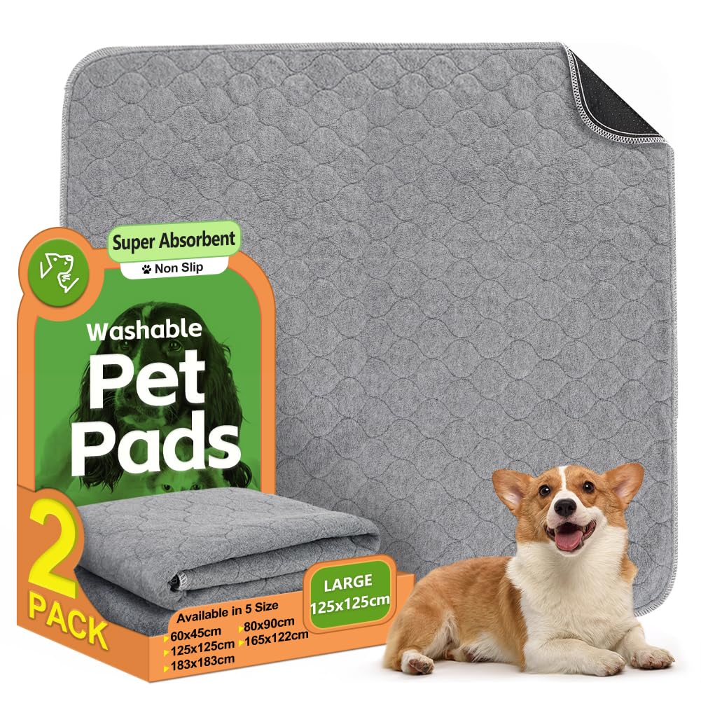 2 Pack Washable Dog Pee Pads - Instantly Absorbent and Reusable for Puppy Training - Waterproof Pet Mat for Dogs, Rabbits, Bunnies, and Small Animals - 125x125cm