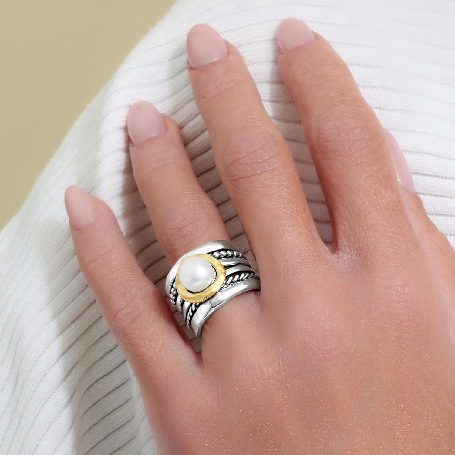 JEAN RACHEL JEWELRY Mixed Metal Two Tone Ring for Women – Pearl Rope Bead – 925 Sterling Silver & 14K Gold Over Silver – Freshwater Pearl Statement Ring – Hypoallergenic Design - Image 2