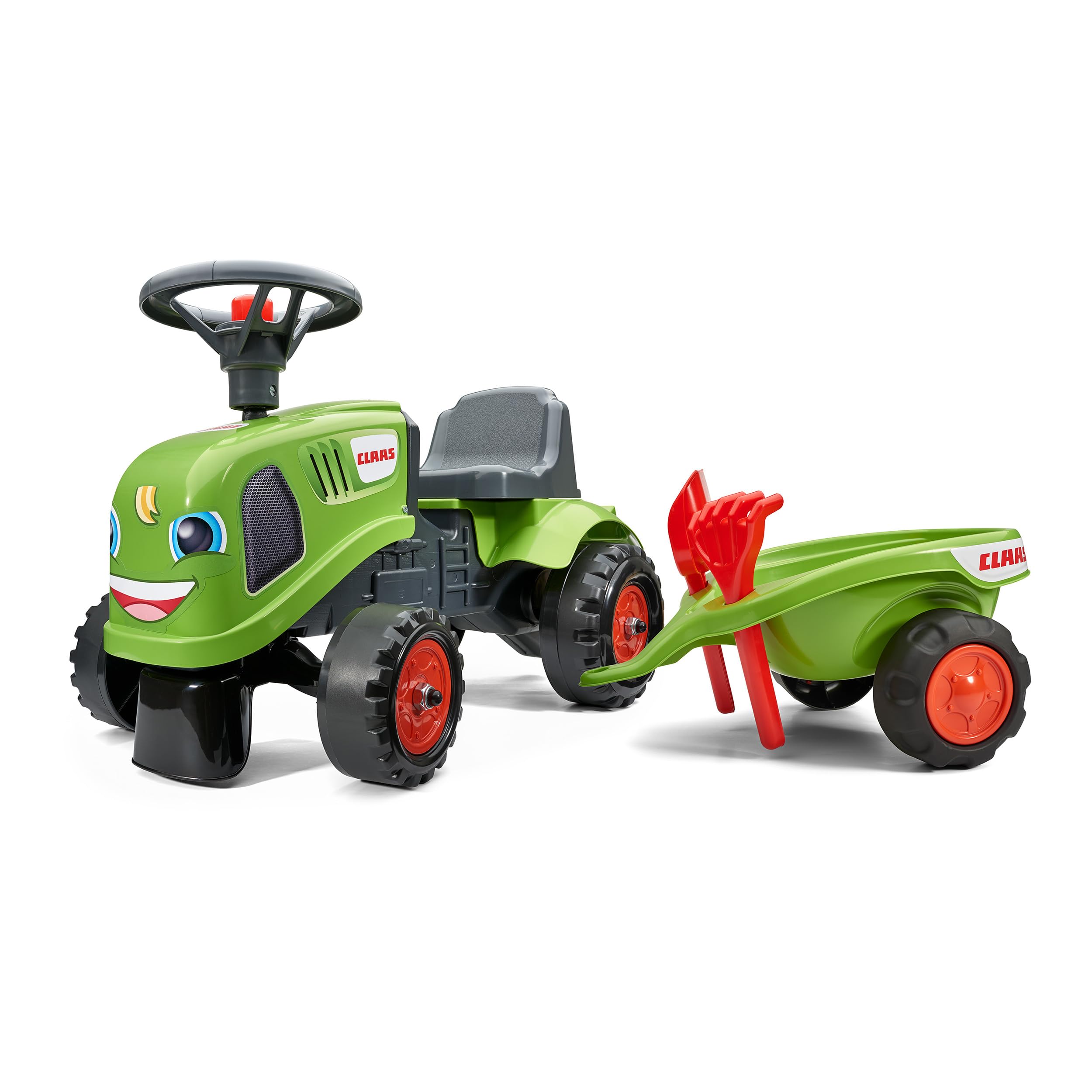 Falk Claas Traktor mit Anhänger, Rechen und Schaufel, 2 Sets Aufkleber, Rutschspielzeug für Kleinkinder + 1 Jahr FA212C