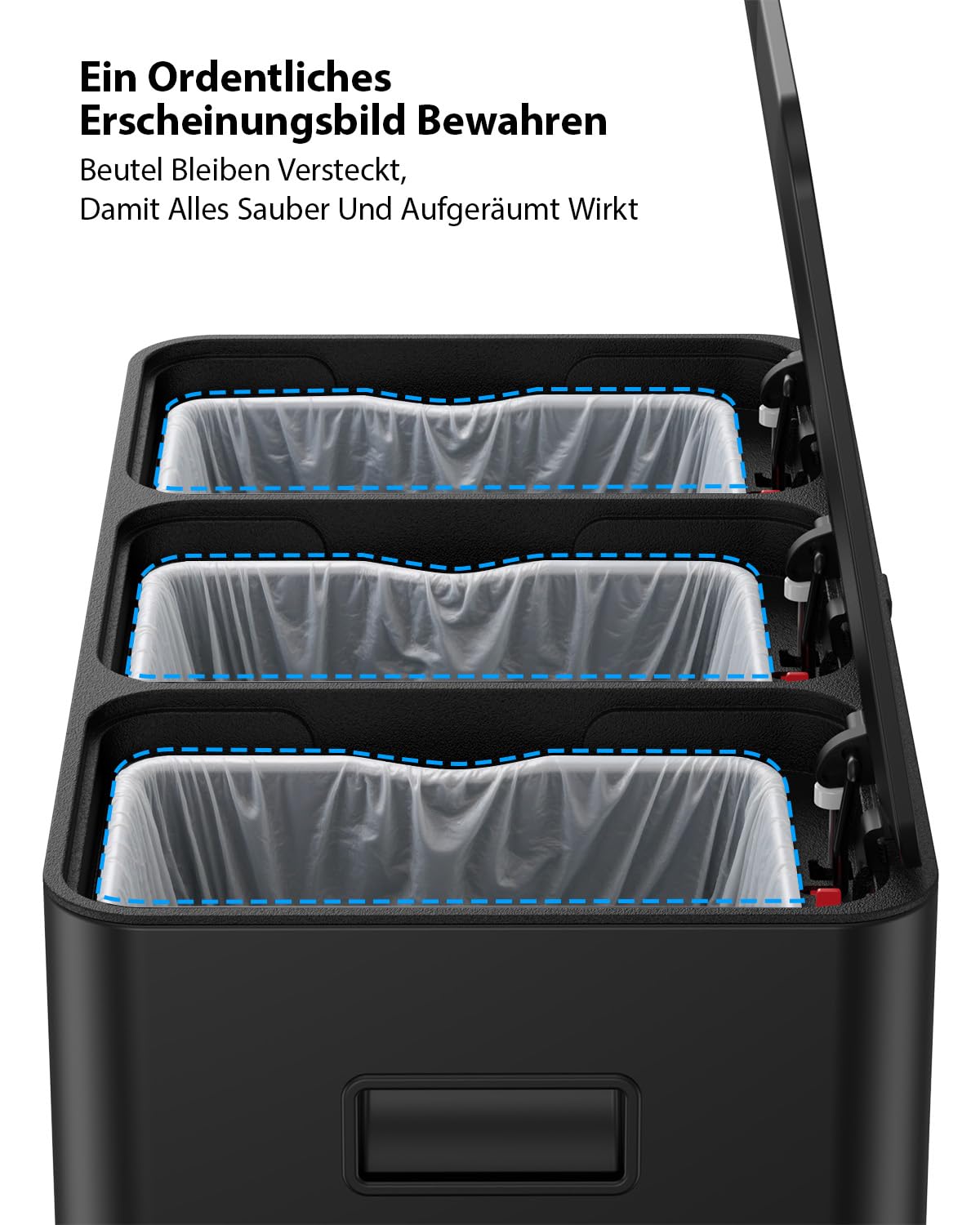 lovewind Mülleimer, 3 x 17 l Recyclingeimer, 3-Fach-Mülleimer für Recycling und Abfall, inklusive magnetisches Etikett, Soft-Close-Deckel, Pedale, Inneneimer, Stahl,Schwarz