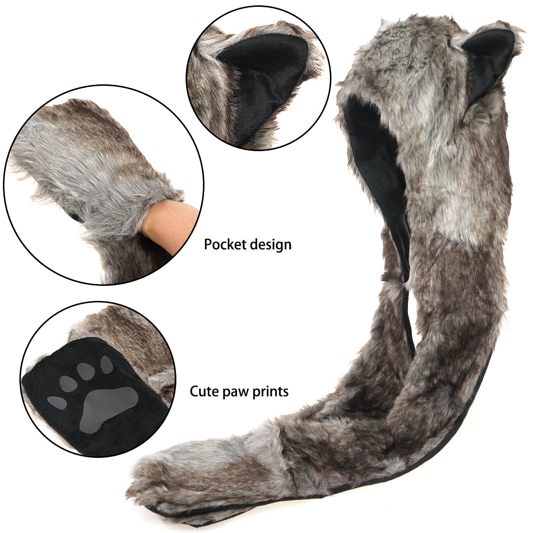 Damen Herren Winter Kunstpelz Flauschig Pelzigen Tier Kapuze Mütze mit Ohren Schal Pfoten Prints Tasche Handschuhe 3 in 1 Combo