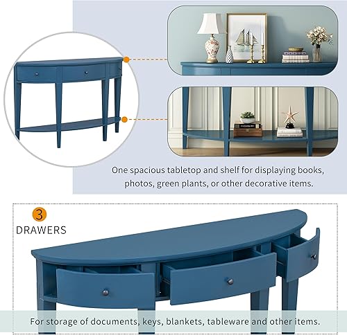 Miniatura 47 de Polibi Mesa consola curvada retro con estante de estilo abierto y 4 cajones superiores, mesa de entrada de media luna de 52 pulgadas de ancho con