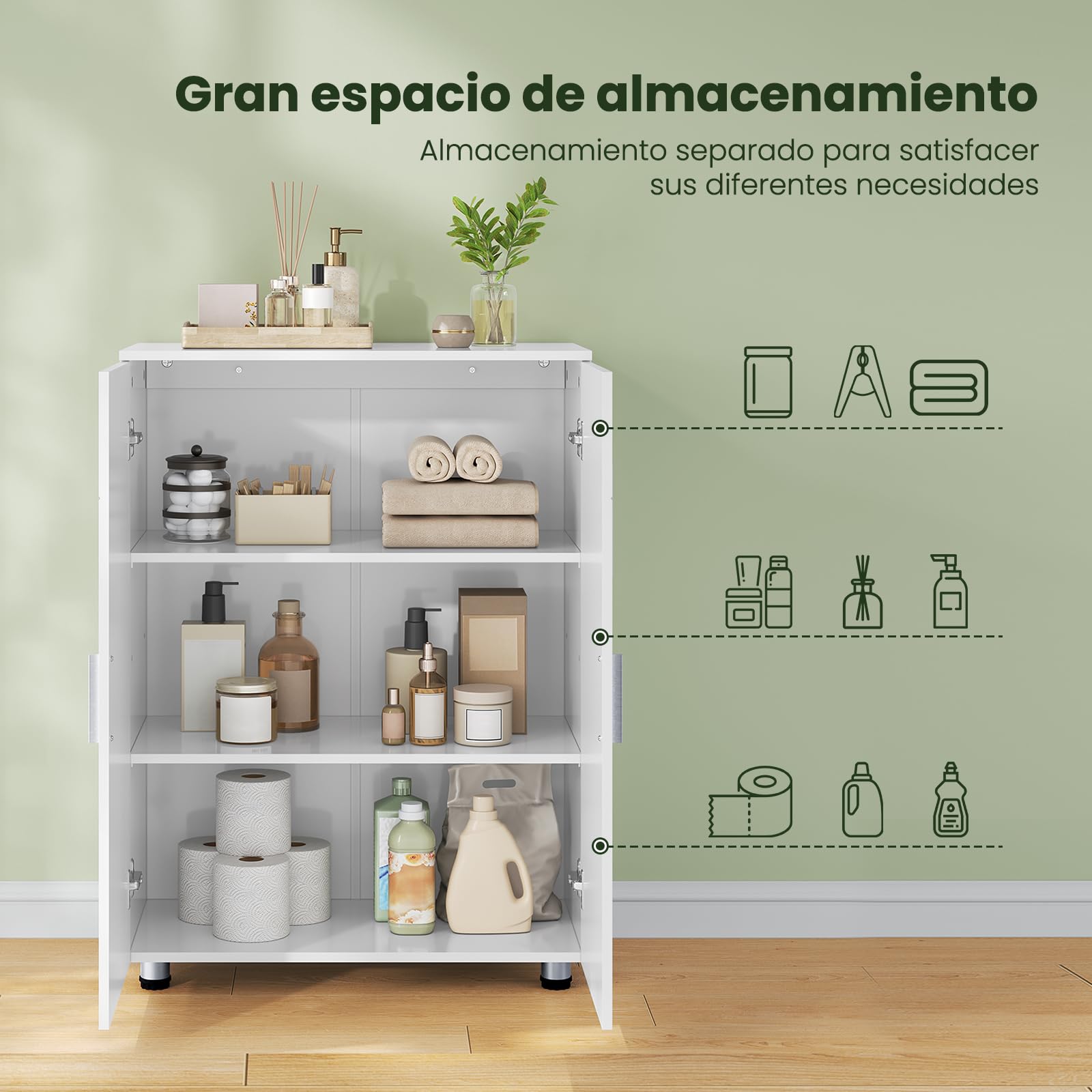 EUGAD Armario de Baño con 2 Puertas, Mueble Auxiliar con 2 Estantes, Armario Columna de Suelo para Cocina y Salón, Blanco, MDF, 60x30x82 cm