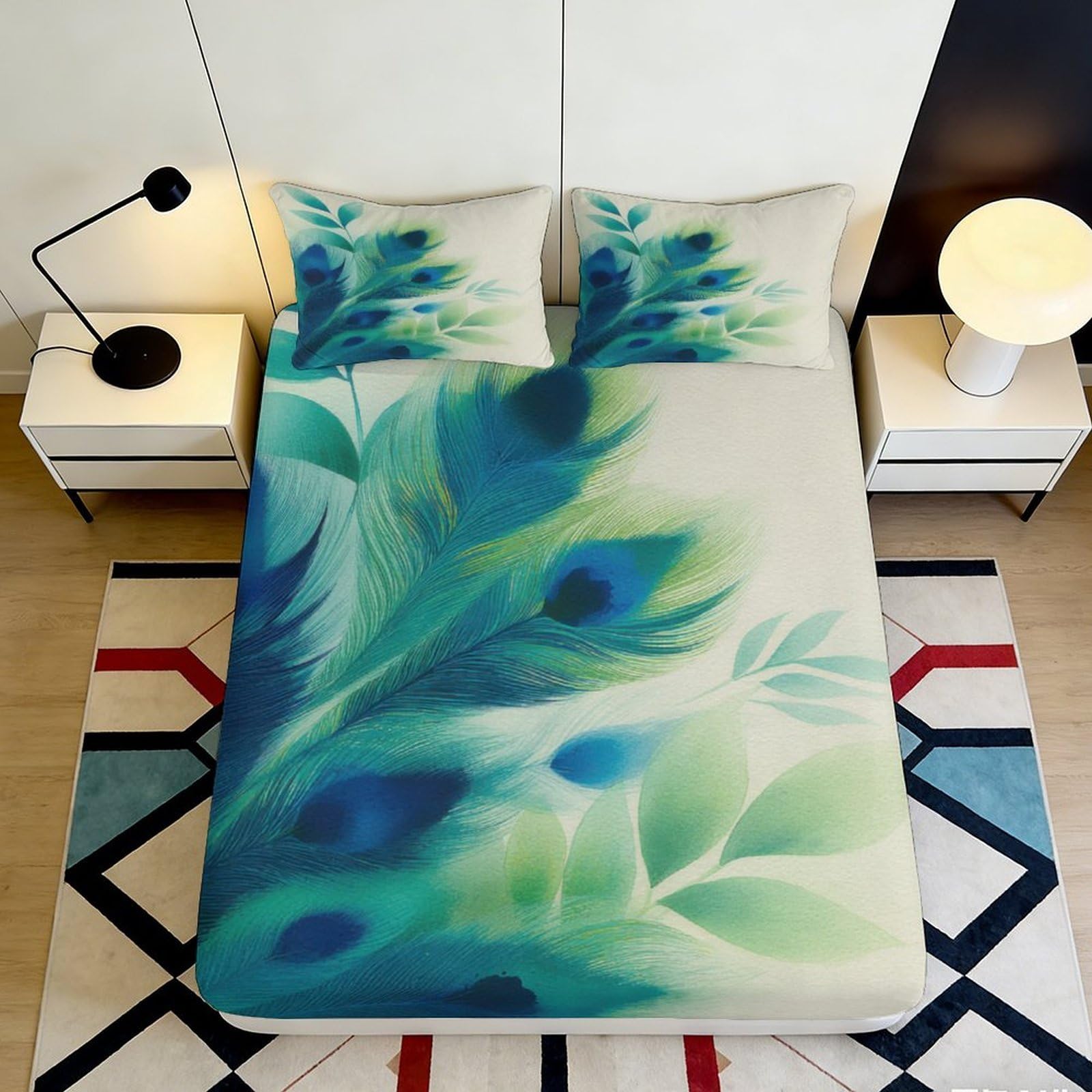 3D Printed Peacock Feather Fitted Sheet Microfiber Soft Anti-Slip Mattress Cover for Bedroom Guest Room Dorm Decor 120x200cm 180x200x25cm