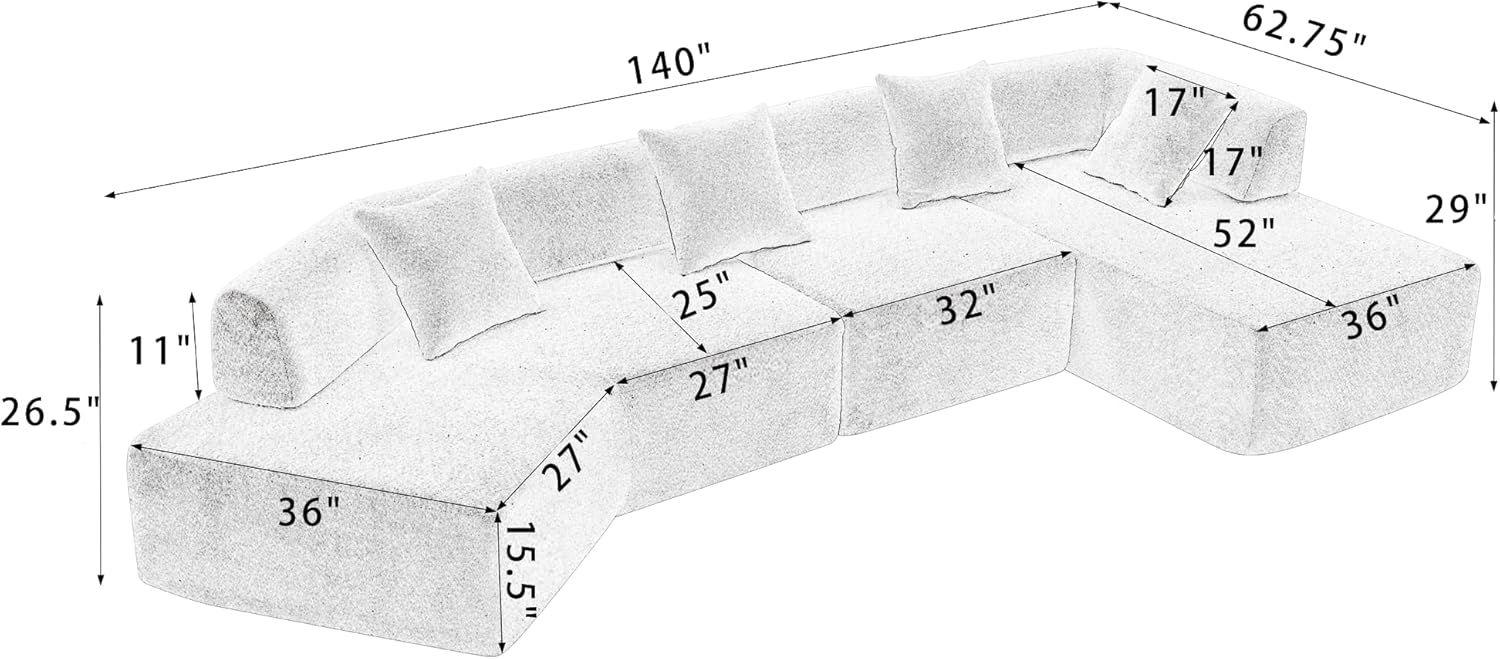 JUSTONE 140" L-Shape Sectional Sofa Couch for Living Room,Modern Minimalist Boucle Modular Sofa Sectional Sofa with Chaise for Home,Office,No Assembly,Black