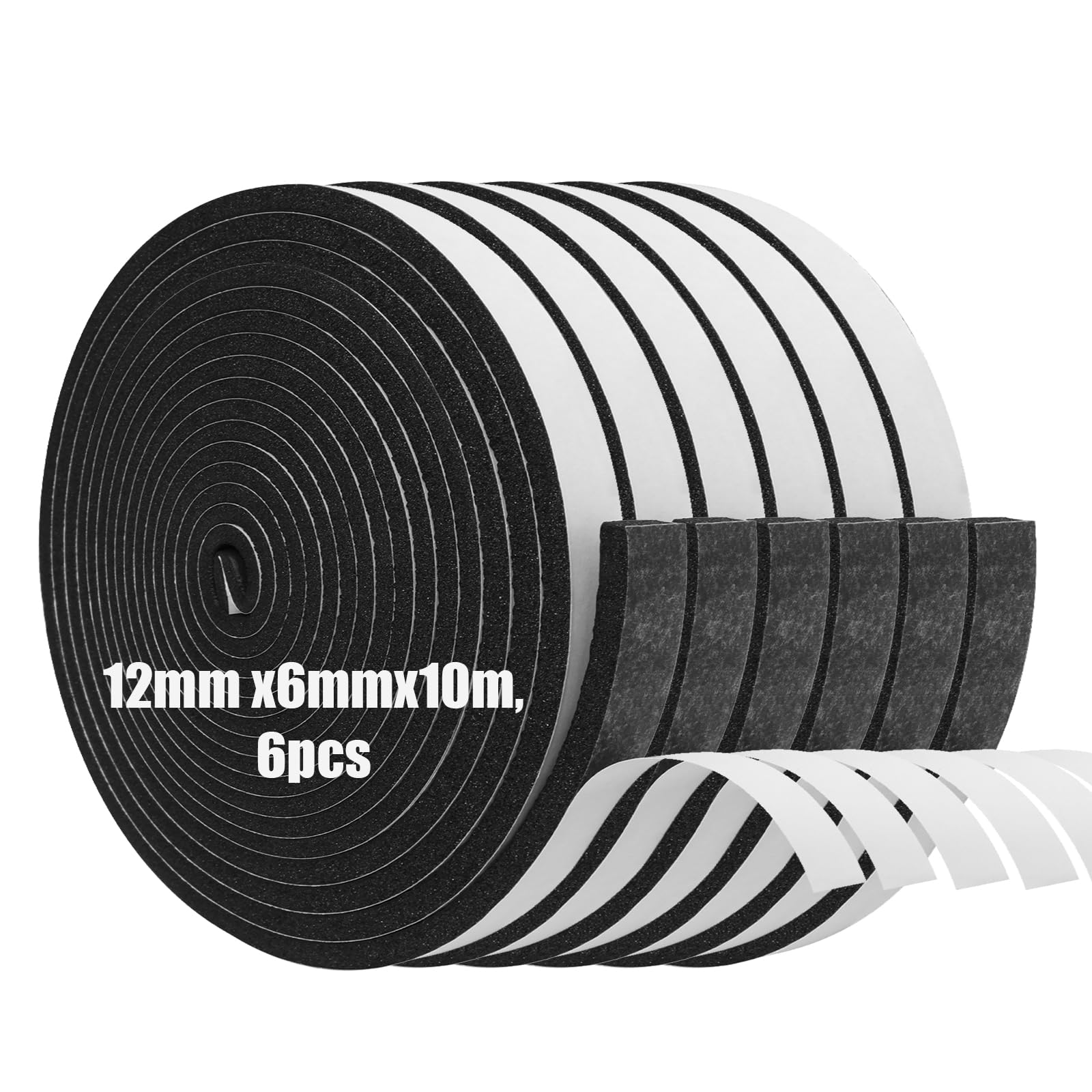 Foam Insulation Tape Self Adhesive,12mm(W) x6mm(T) x10m(L)-6pcs,Weather Stripping for Doors and Windows,Sound Proof Soundproofing Door Seal,Weatherstrip,Cooling,Air Conditioning Seal Strip