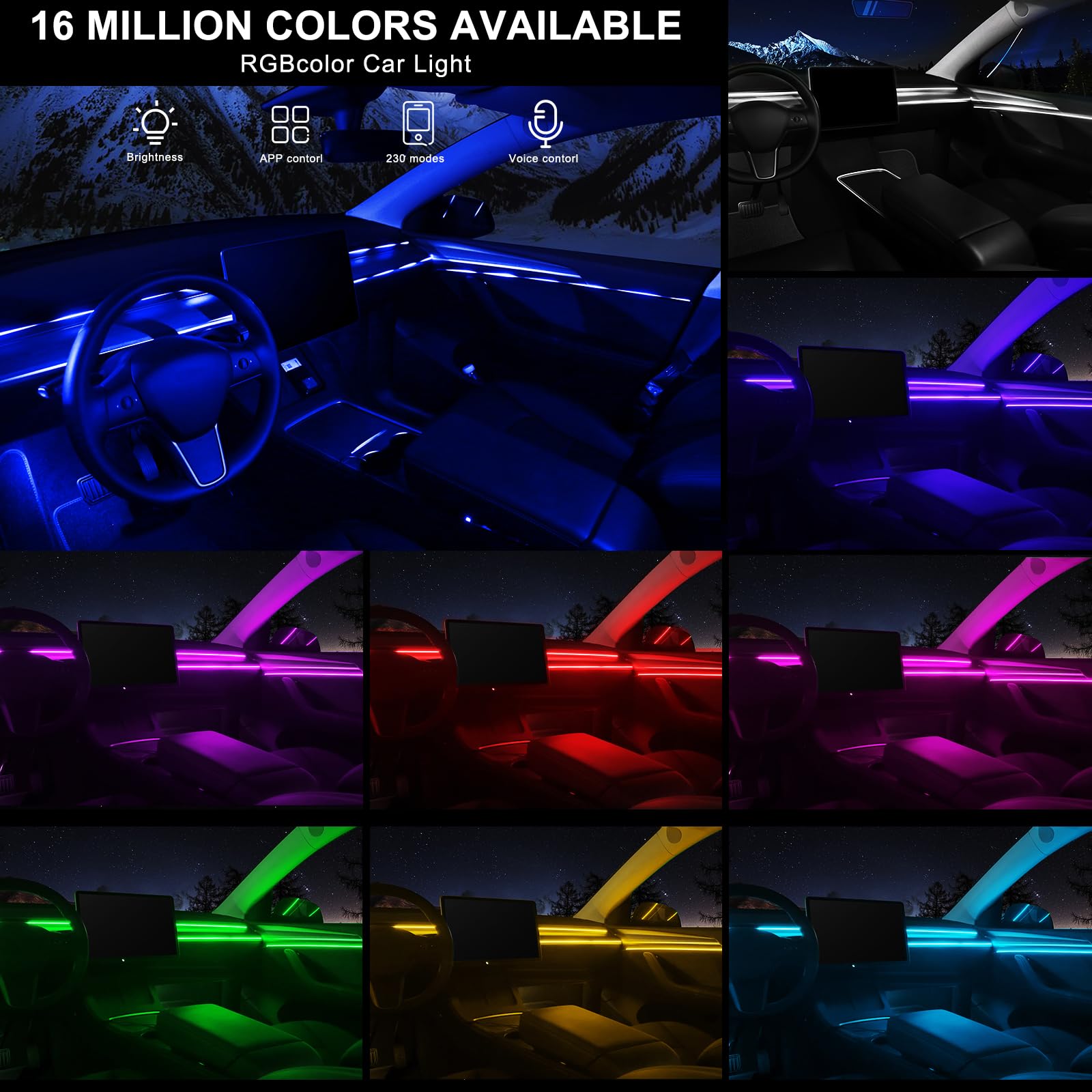 Striscia LED interna per auto in acrilico con APP wireless, accessori per auto 6 in 1 con 145 cm 593 LED, kit di illuminazione ambientale per auto in fibra ottica, striscia LED neon RGB con
