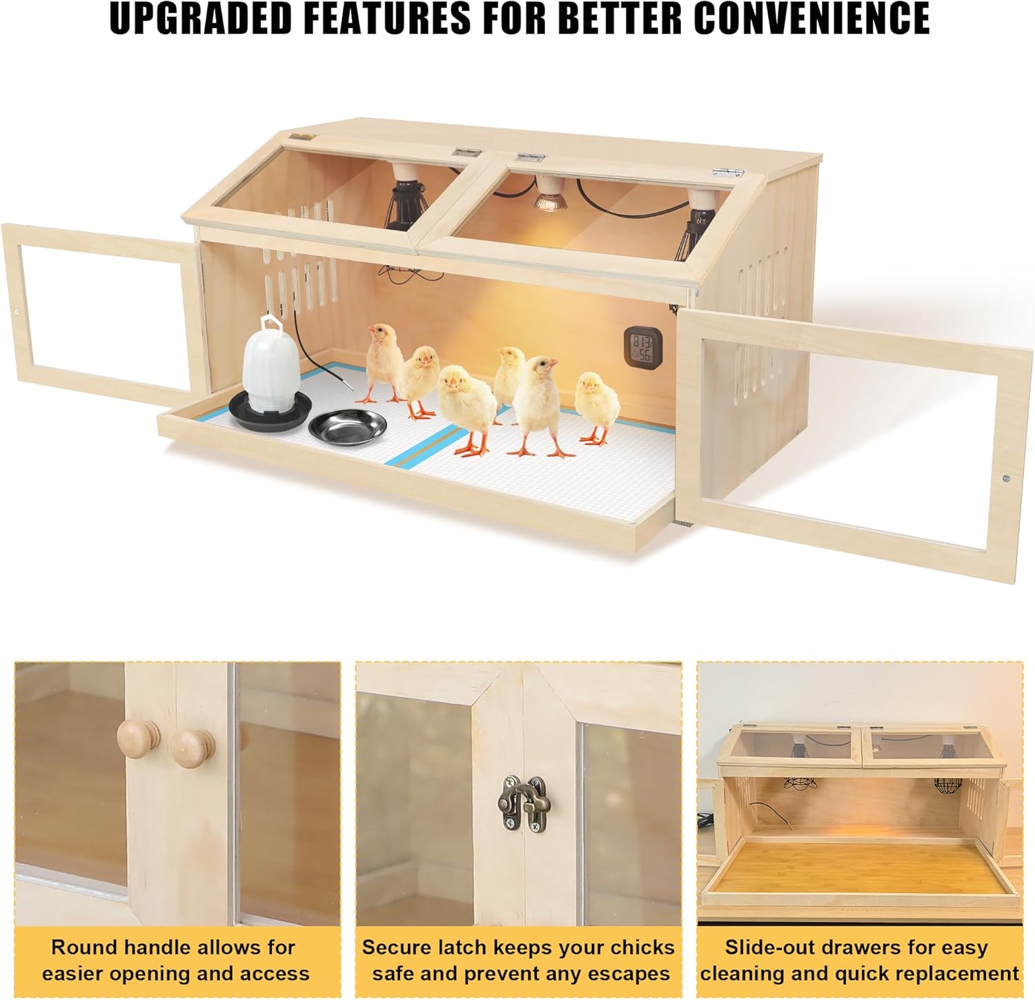 Intelligent Chicken Brooder Box for Chick 32" Wide with Digital Thermostat, Large Wooden Chick Brooder Box with Heating Lamps, Sliding Drawers & Door Handle for Chicks Duck Hamster Indoor Outdoor