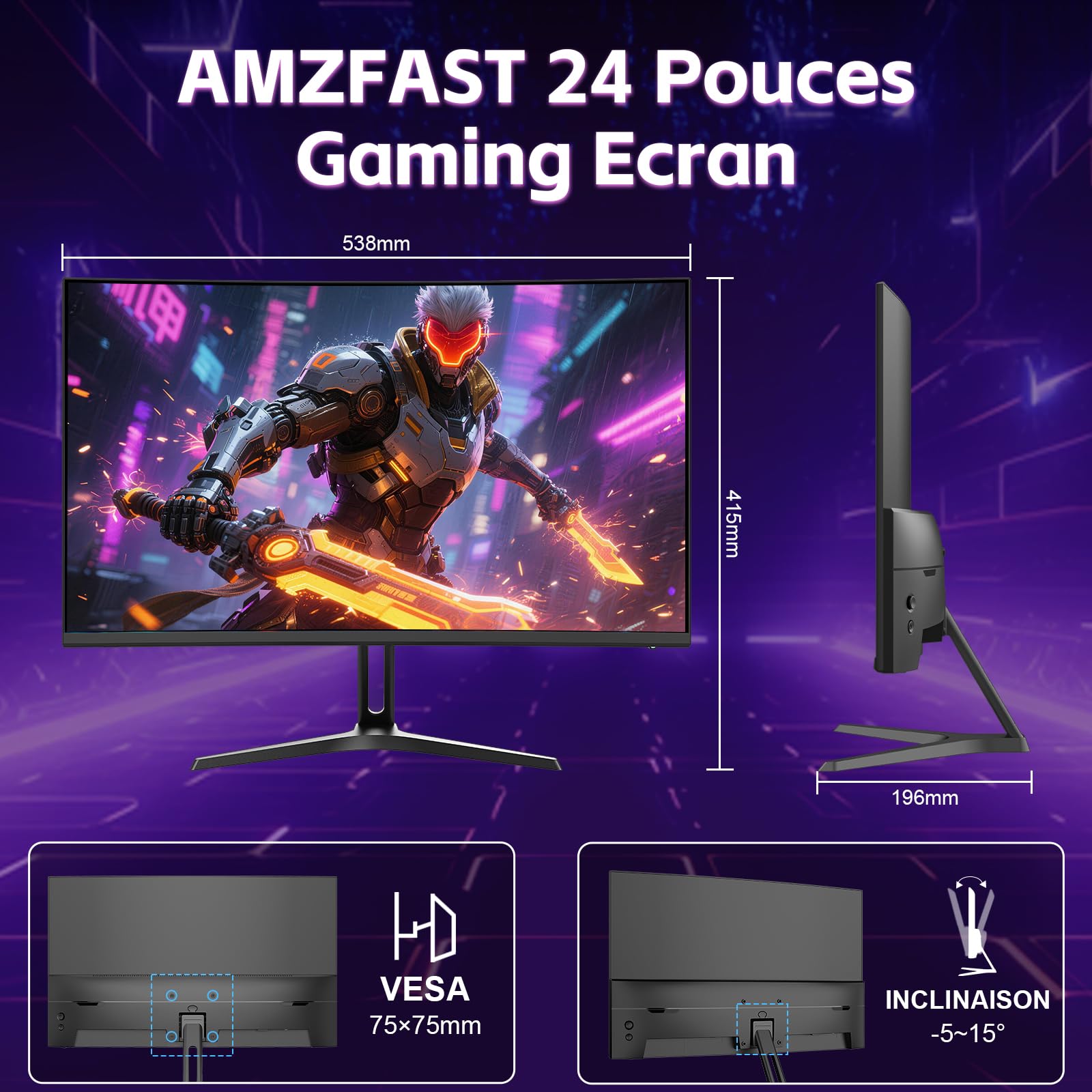 Amzfast Écran PC Gamer Incurvé 24 Pouces 240Hz/FHD 1920x1080, DCI-P3 93% / sRGB 124%, 1ms MPRT, Anti-Lumière Bleue, Adaptive Sync, VESA 75x75, AMZG24C1Pro