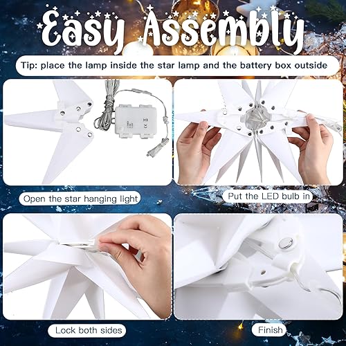 Miniatura 7 de 8 luces de estrella moravia 3D LED colgantes de estrella alimentadas por batería con función de temporizador, luz blanca para porche, decoración