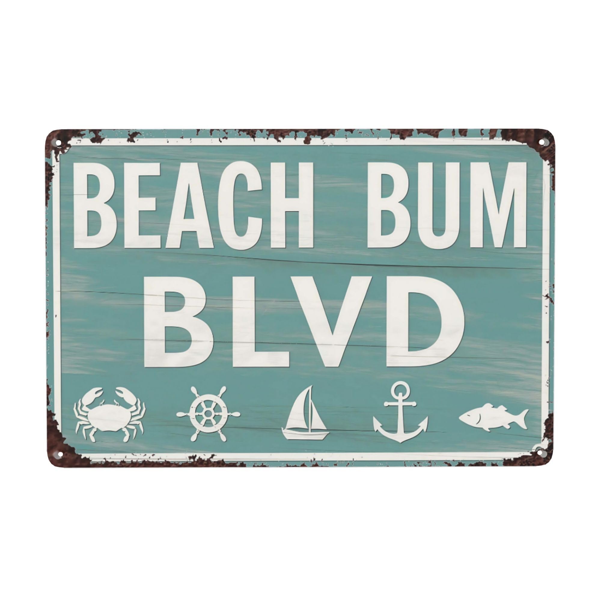 peiyeety Retro Metal Tin Sign 12 X 16 Inches Beach Bum BLVD Rustic Lake Beach Retro Vintage Wall Decor for Beach House, Lake House, or Outdoor Theme, Rustic Beach Wall Art