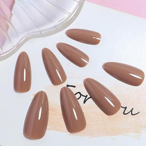 Miniatura 5 de Uñas postizas a presión marrón café, uñas postizas medianas de color sólido, cobertura completa, uñas postizas artificiales brillantes para manicura