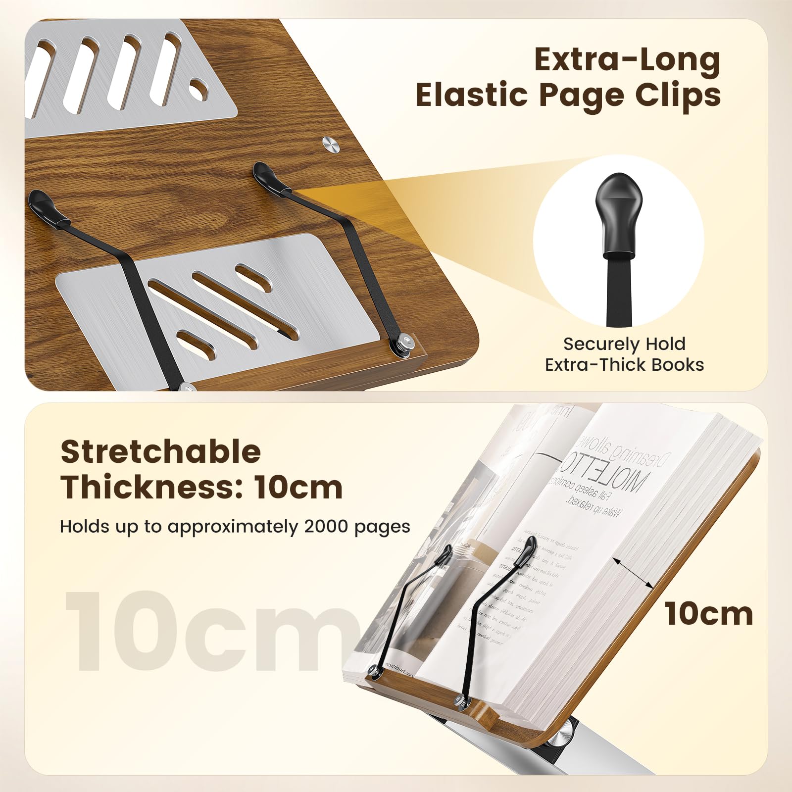 supporto per libri di lettura regolabile in legno, flessibile pieghevole a 180° per libri di cucina con clip di pagina