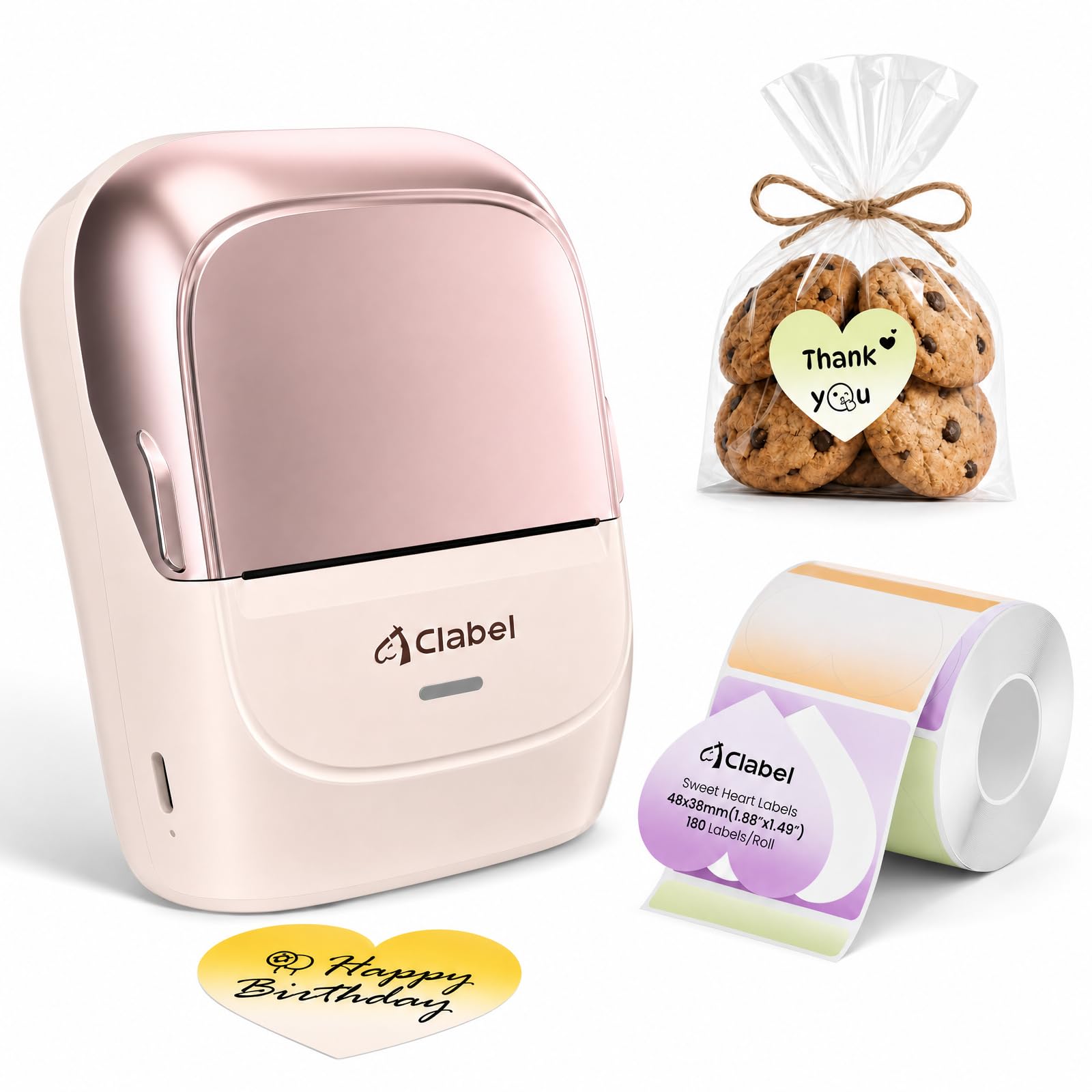 CLABEL 221B Stampante per etichette Bluetooth portatile, etichette a cuore per confezioni regalo | Etichette termiche impermeabili 48×38 mm, 180 pezzi/rotolo, senza inchiostro, design a cuore a 4 colo