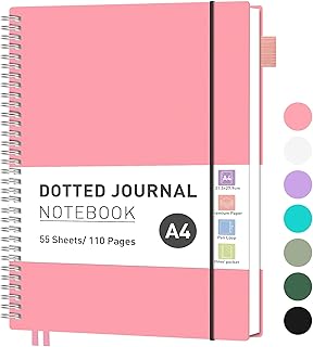 RETTACY Cuaderno A4 de puntos, bloc de notas, peso ligero, 55 hojas/110 páginas para escribir, 100 g/m², cuaderno de anillas de PVC, para mujeres, hombres, trabajo, oficina, 21,5 x 27,9 cm, color rosa