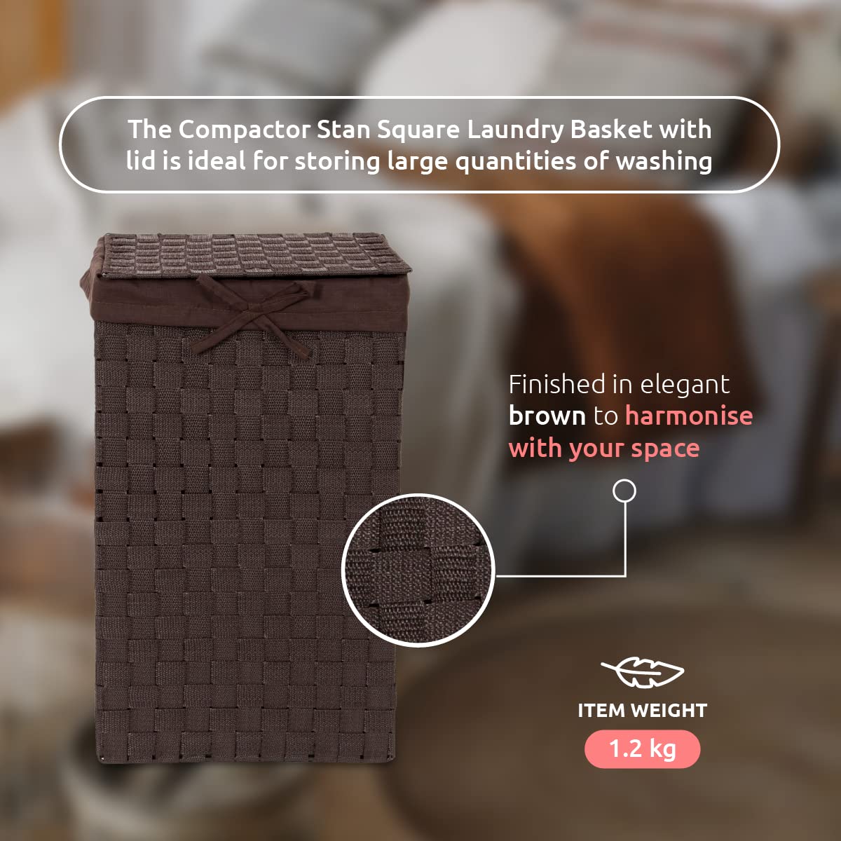 Compactor RAN6892 Stan Laundry Basket with Lid, Handles, Woven with Metal Frame, Removable Linen Liner, 30 x 30 x 50 cm, Brown