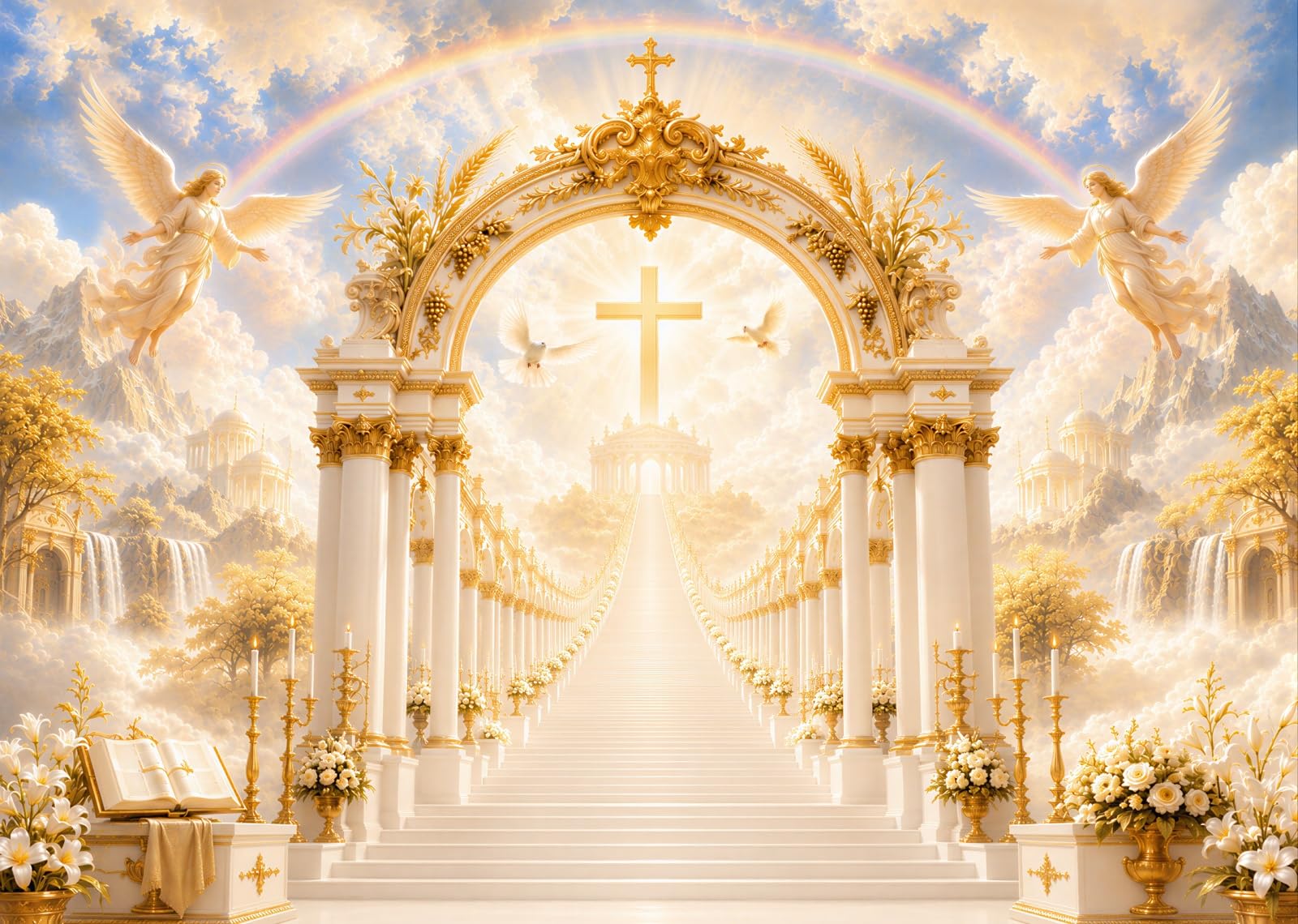 10x8FT (3x2.5m) Porta Del Cielo Arcobaleno Sfondo Fotografico | Arco Angelico Fondale In Tessuto Resistente,Portale Dorato Arcobaleno E Cascate,Feste Religiose,Personalizzabile,Photo Booth