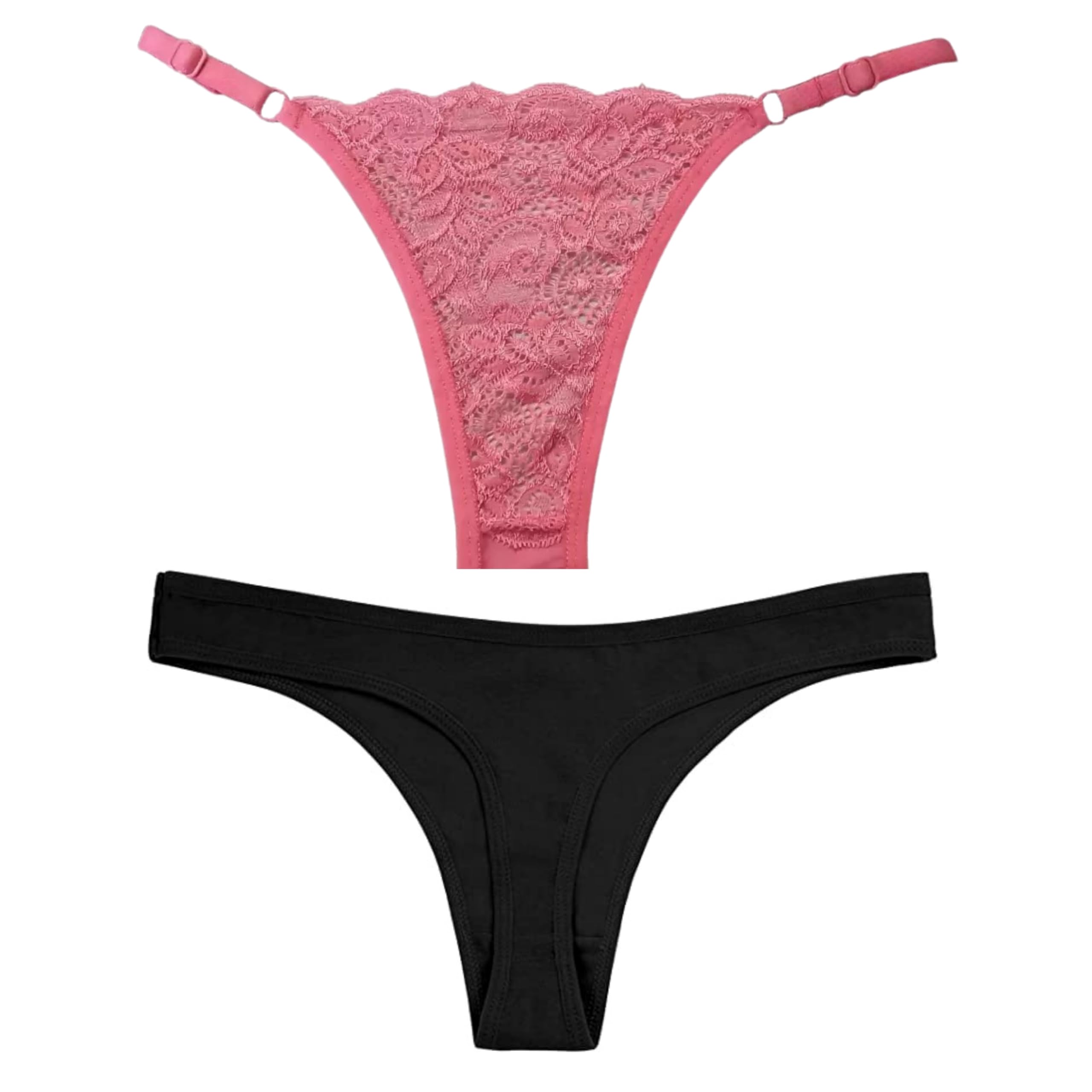 Thong for Women Cotton Underwear Low Rise Solid G-String Sexy Lingerie Panties | Women Stretchable Under Fitted Outfits Bikini Style Underwear -Pack of 2 (in, Alpha, S, Regular, Pink Black)-image-20