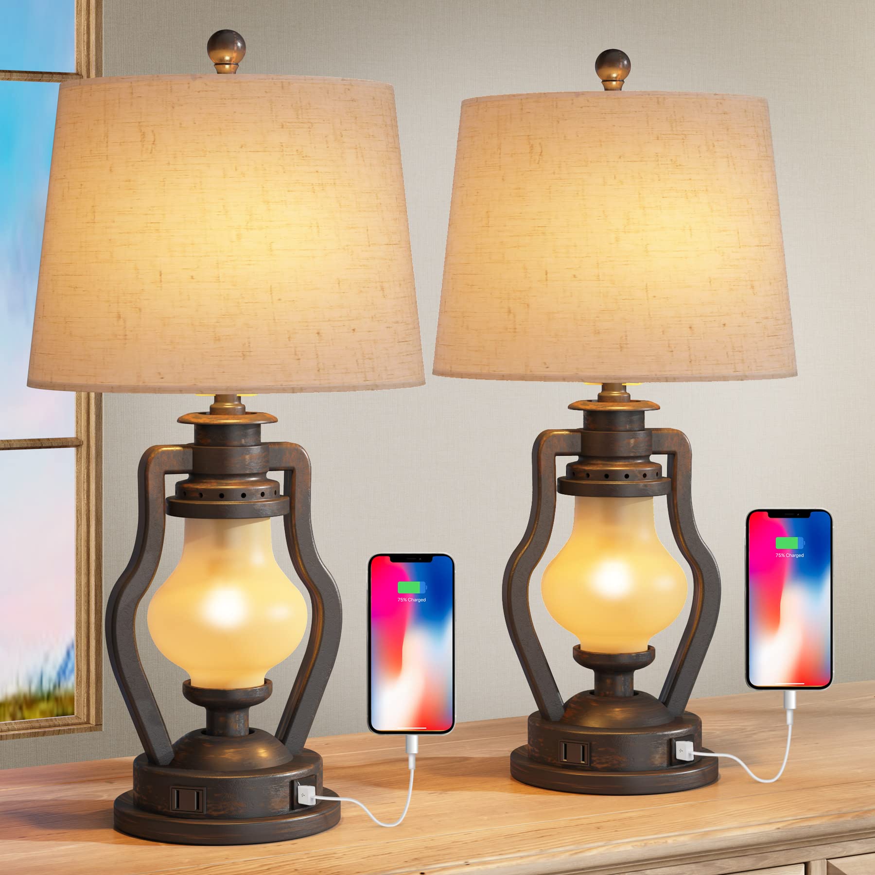 Buy BYBLIGHT Farmhouse Table Lamps Set of 2 with Nightlight, Lantern Bedside Lamp with 2 USB